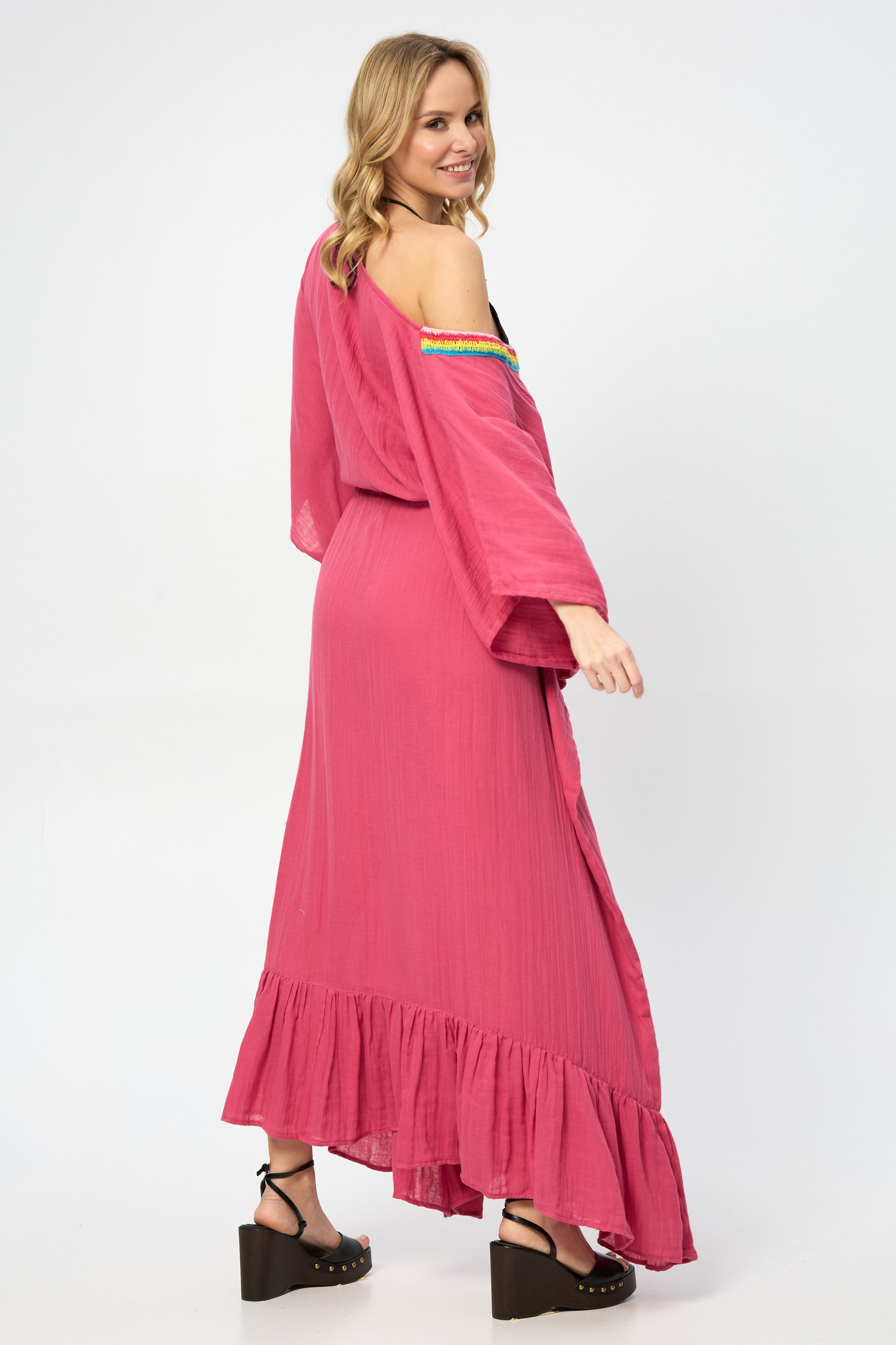Crochet Rainbow Kaftan Maxi Dress - Boho Chic Beach Cover Up for Women - Perfect for Summer Vacations, Pool Parties & Music Festivals