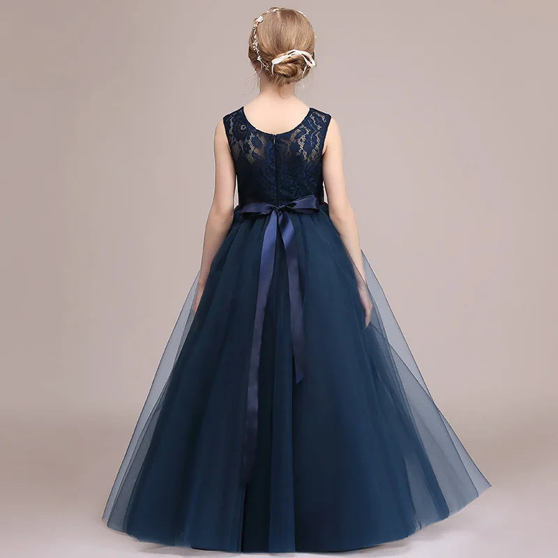 Navy Blue Lace Tulle Flower Girl Dress - Sleeveless Princess Gown for Kids | Perfect for Weddings, Baptisms & Special Occasions