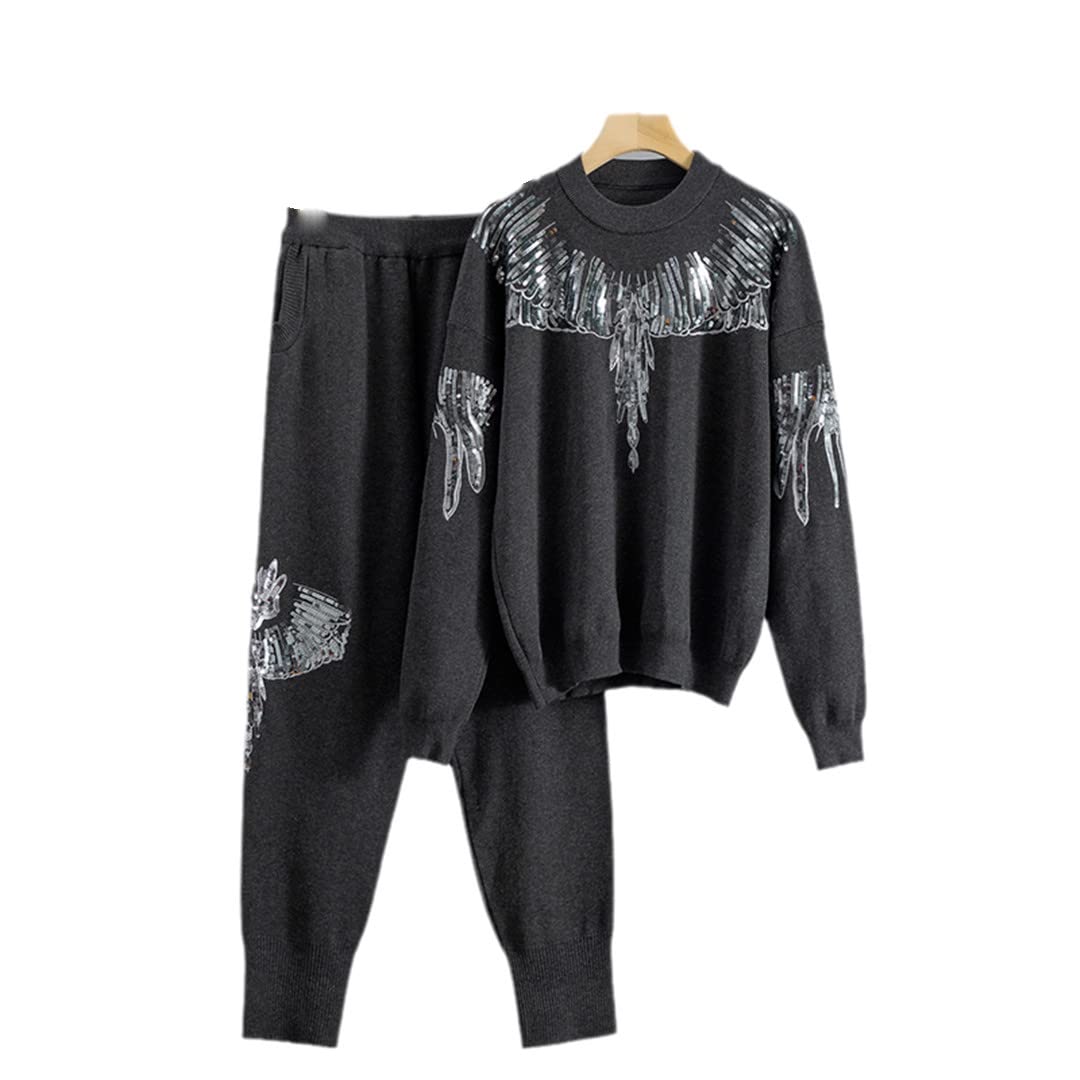 Bqxxdeo Women's Sequined Knit Sweater & Harem Pant 2-Piece Tracksuit Set - Cozy Pullover & Lounge Pants for Casual Wear, Outfits, and Holiday Parties