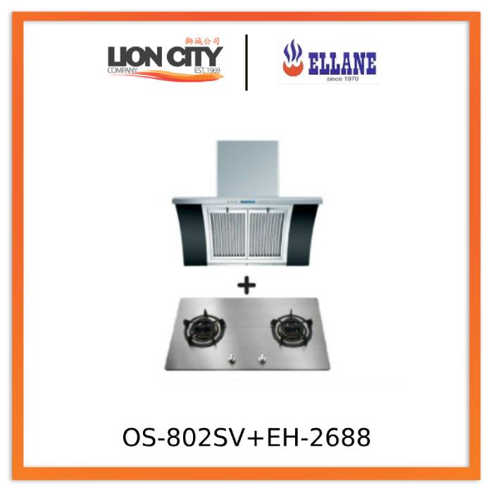 Ellane EH 2688 90cm Stainless Steel Chimney Hood with Arch Glass & Ellane OS 802SV 86cm 2 Burner Stainless Steel Cooktop - Modern Kitchen Ventilation and Cooking Solution for Home Chefs