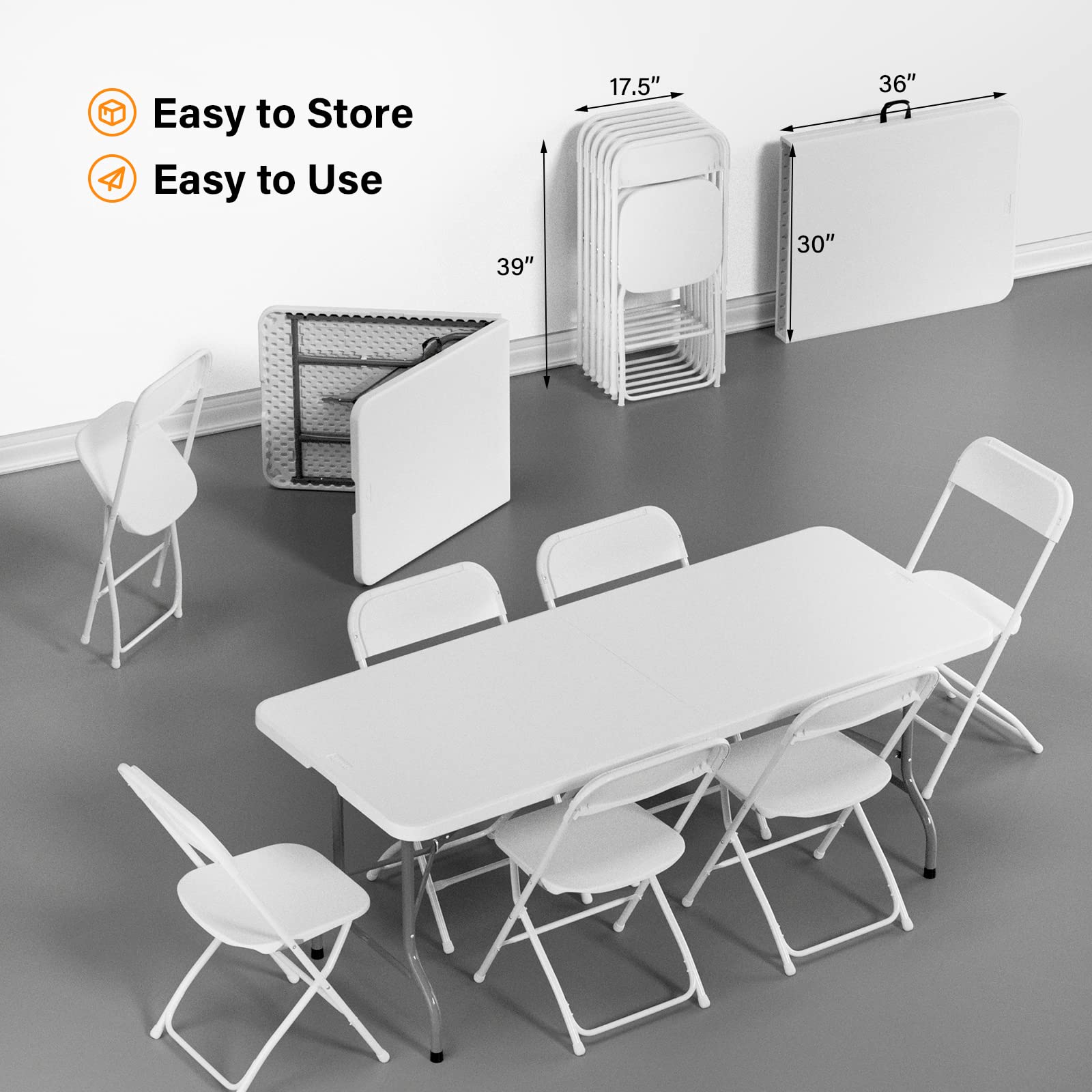 VINGLI 6 FT Plastic Folding Table with 8 White Folding Chairs Set - Portable Lightweight for Picnic, Party, Camping, Outdoor Events, Home & Office Use - Perfect for Backyard BBQ, Wedding, Banquet & Conference