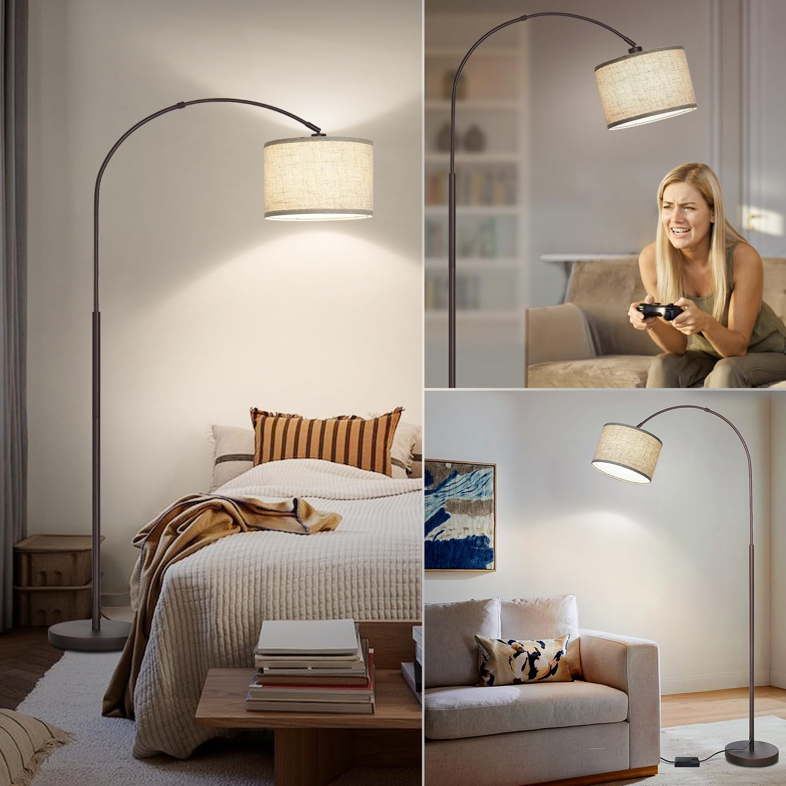 Dimmable Arc Floor Lamp - Adjustable Farmhouse Standing Lamp with Hanging Shade, 9W LED Bulb Included - Mid Century Modern Tall Pole Lamp for Living Room, Bedroom & Over Couch - Perfect for Reading Nook, Home Office & Cozy Farmhouse Decor