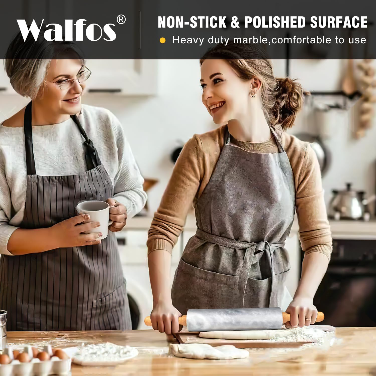 Walfos 16.5 Inch Marble Rolling Pin with Wooden Handles & Wood Cradle - Premium Gray & White Dough Roller for Pizza, Tortillas, Pie Crust, Cookies & Pasta - Perfect for Home Baking and Professional Kitchen Use
