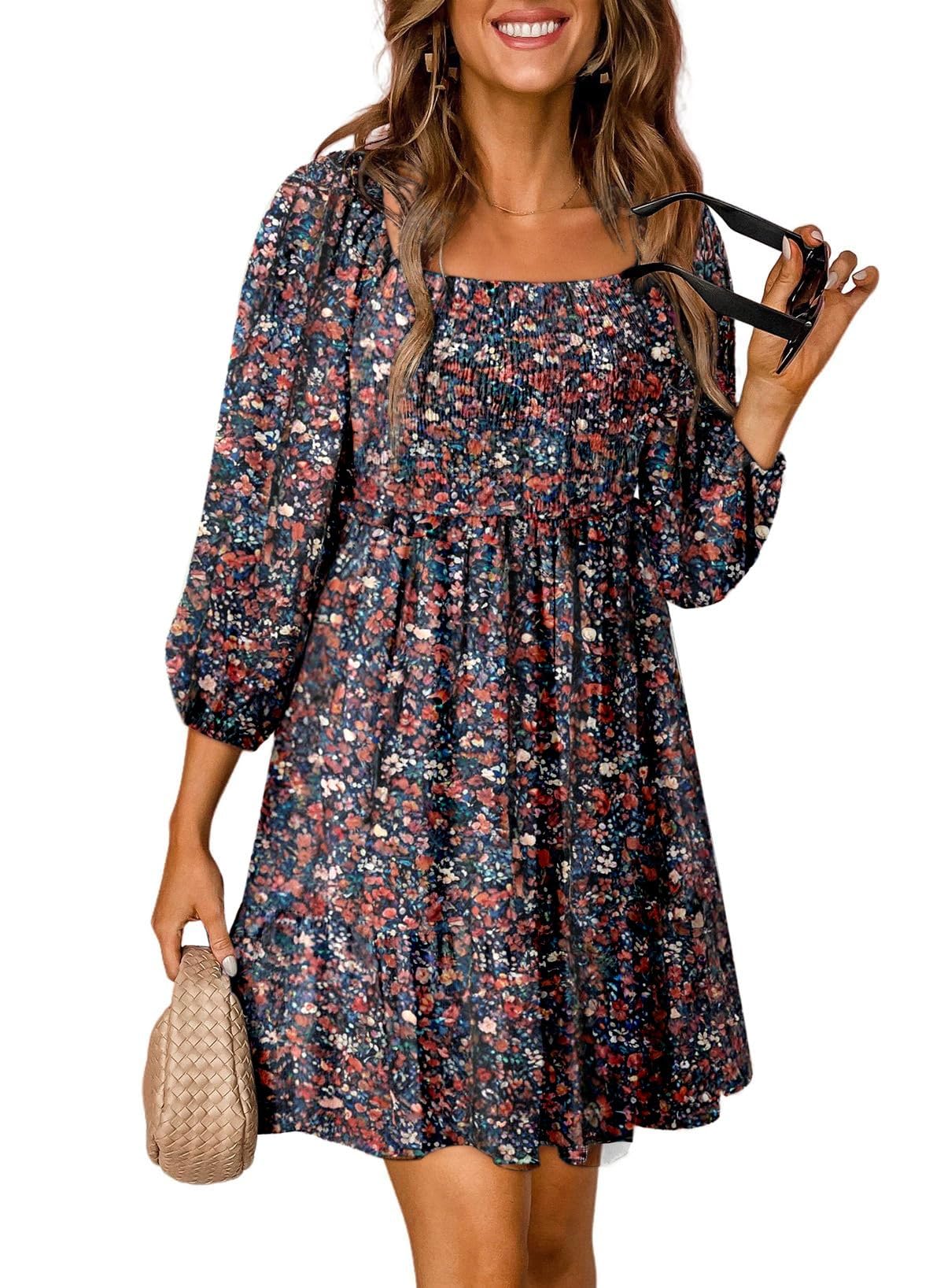 Dokotoo Women's 2025 Spring Floral Boho Dress - Square Neck, Smocked 3/4 Sleeve A-Line Mini Sundress for Casual Wear | Perfect for Beach Vacations, Summer Parties & Date Nights