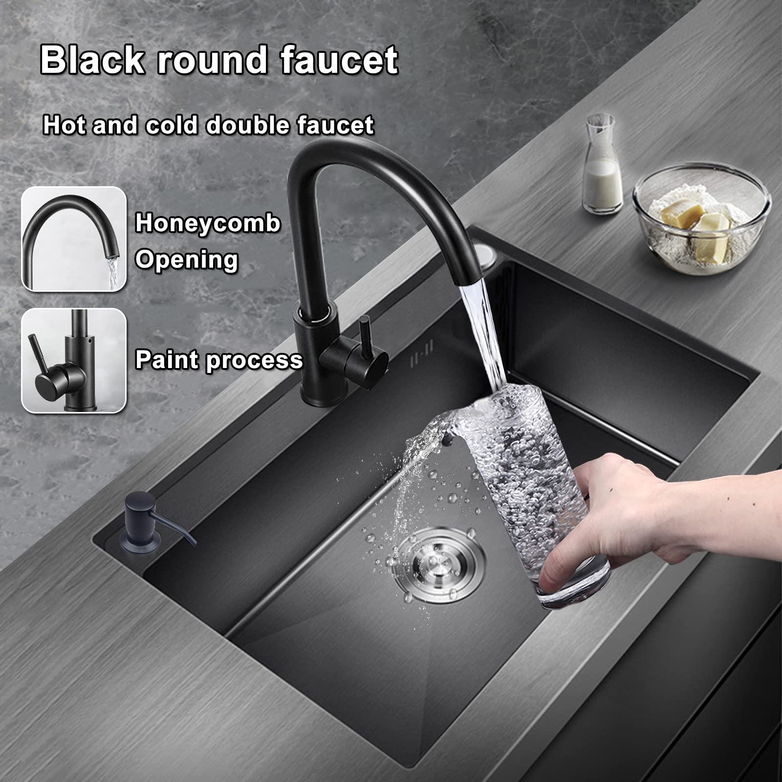 Undermount Single Bowl Kitchen Sink with Faucet - 304 Stainless Steel, Large Capacity, Black Nano Coating, Thick & Durable - Perfect for Home Cooking, Dishwashing & Food Prep