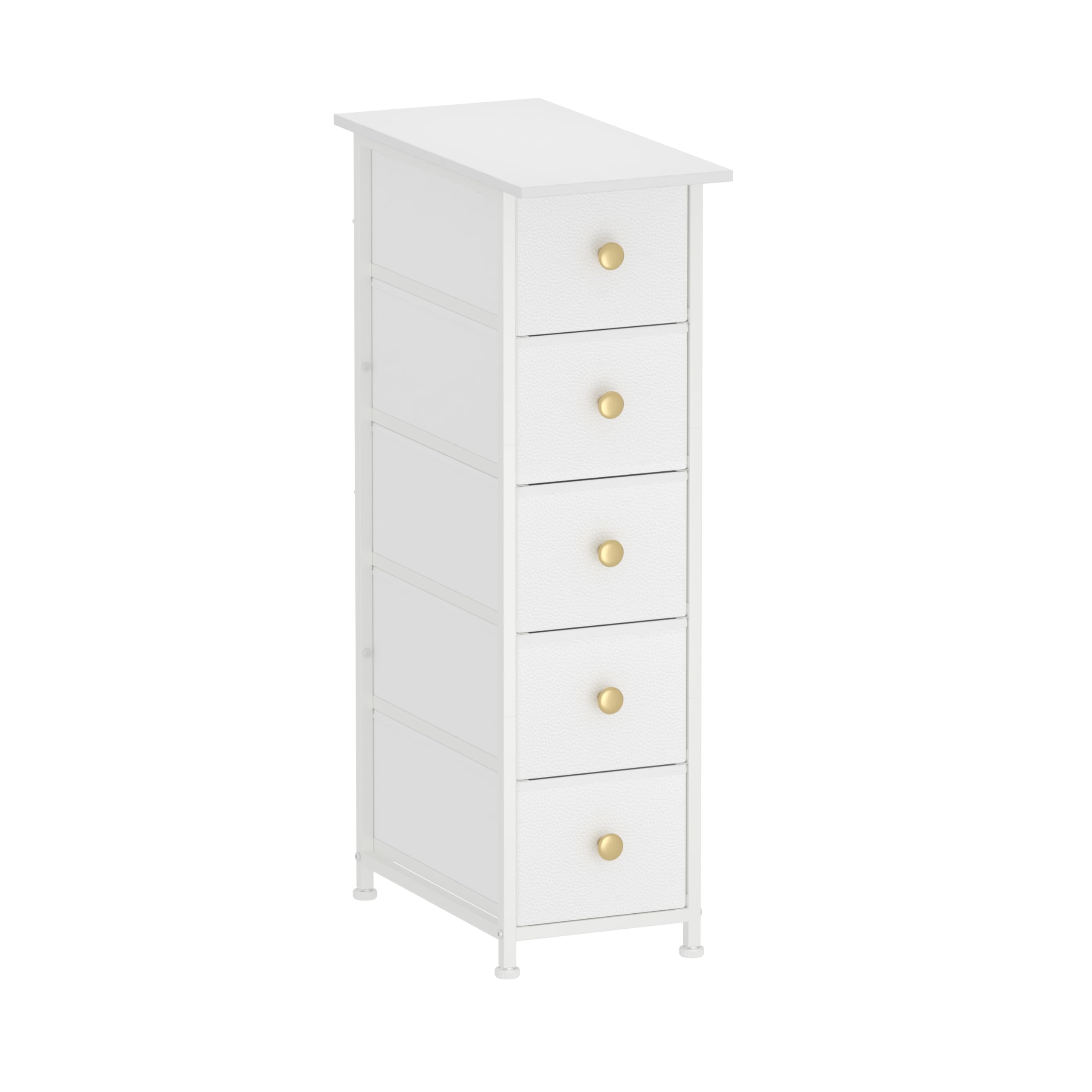 Narrow Vertical Slim Dresser Cabinet - 5 Drawer Skinny Storage Tower for Small Spaces, Gaps, Closet, Bedroom & Bathroom | Space-Saving Fabric Drawer Unit (White) | Perfect for Apartments, Dorms & Tiny Homes