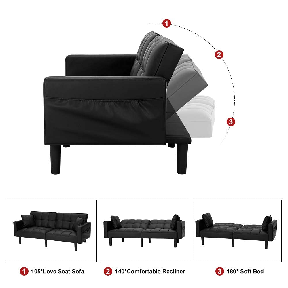 Modern Leather Convertible Futon Sofa Bed - Adjustable Back Recliner with Armrests - Folding Couch for Small Spaces - Black - Perfect for Living Rooms, Apartments & Guest Rooms