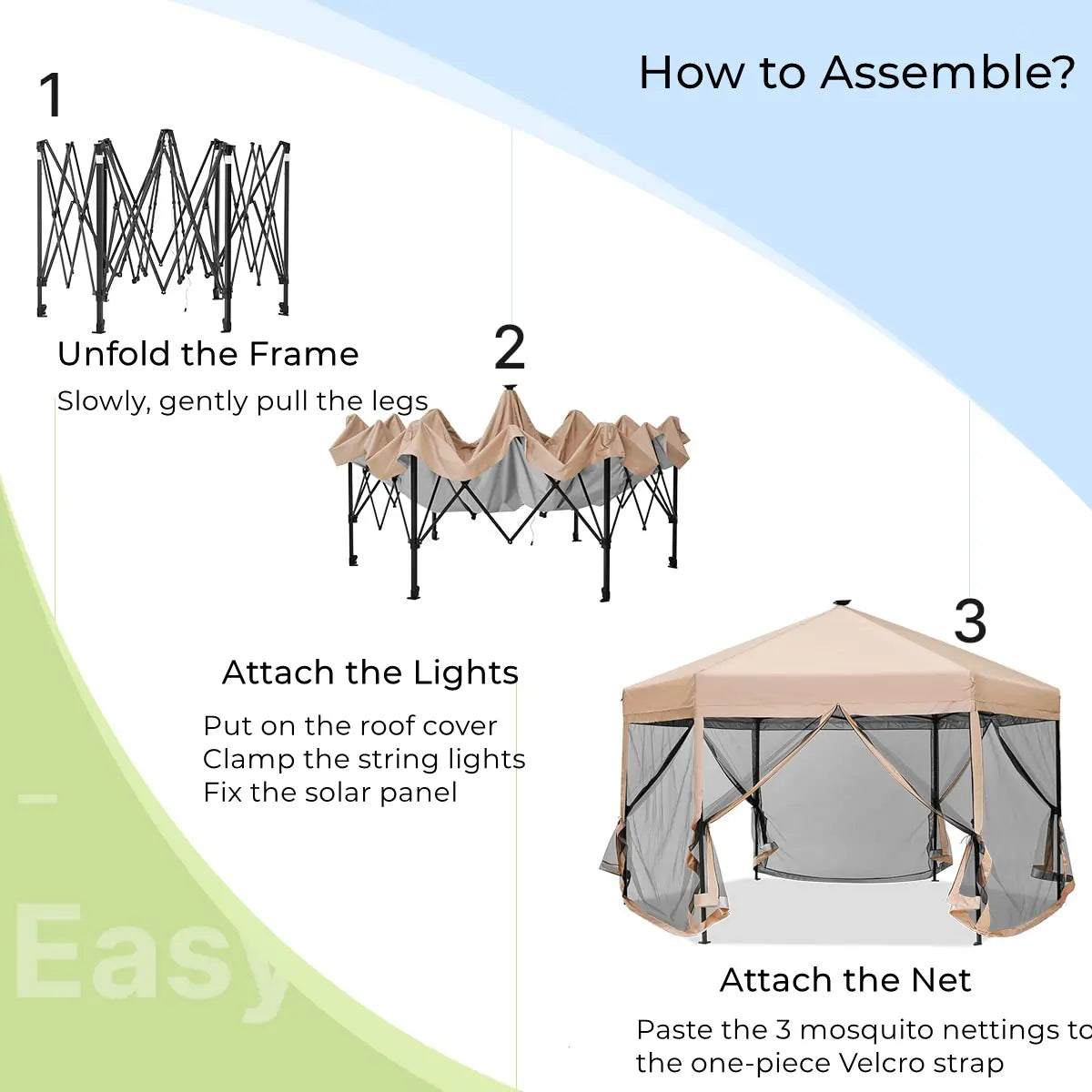 13' x 13' Hexagonal Pop Up Canopy Tent with Mesh Netting & LED Lights for Outdoor Parties, Camping, and Beach Events