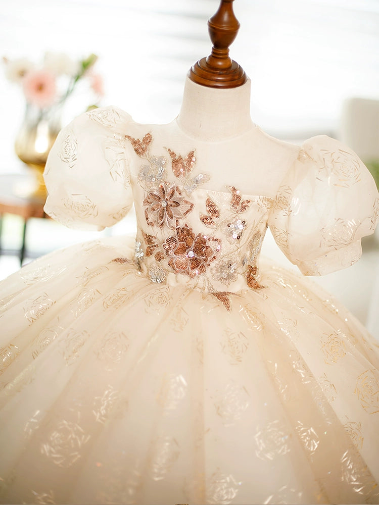 Champagne Princess Round Tea Length Organza Flower Girl Dress for Weddings & Special Occasions