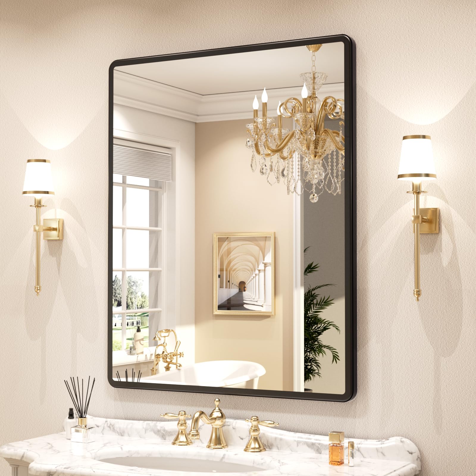 24x36 Inch Black Metal Frame Wall Mounted Bathroom Mirror - Rounded Rectangle Vanity Mirror with Tempered Glass for Bathroom, Bedroom & Living Room | Perfect for Modern Home Decor, Makeup Station & Space Enhancement