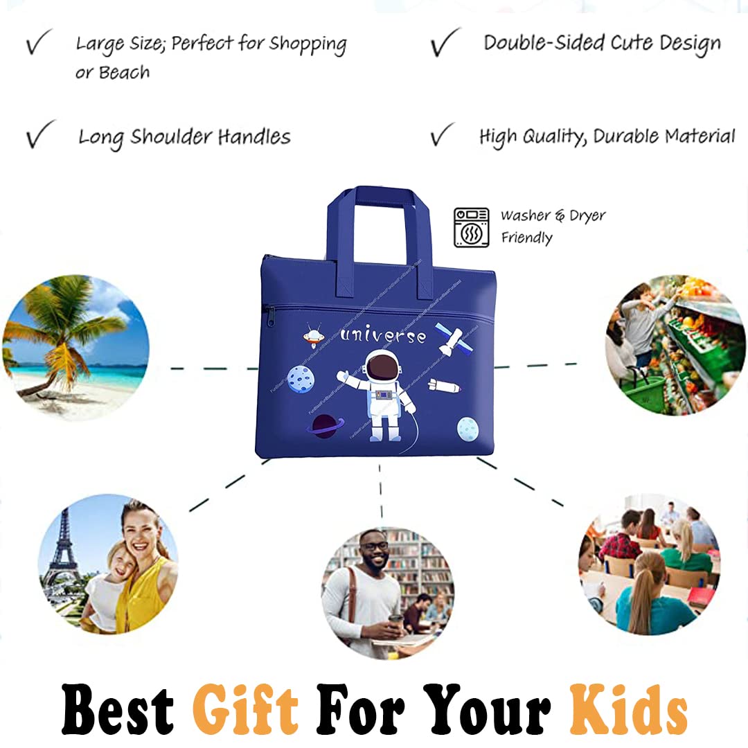 FunBlast Cute Cartoon Print Canvas Tote Bag - Multi-Purpose Double Layer Zipper Travel Bag for Men & Women - Perfect for Shopping, Work, Gym & Beach (Blue, Unisex-Adult)