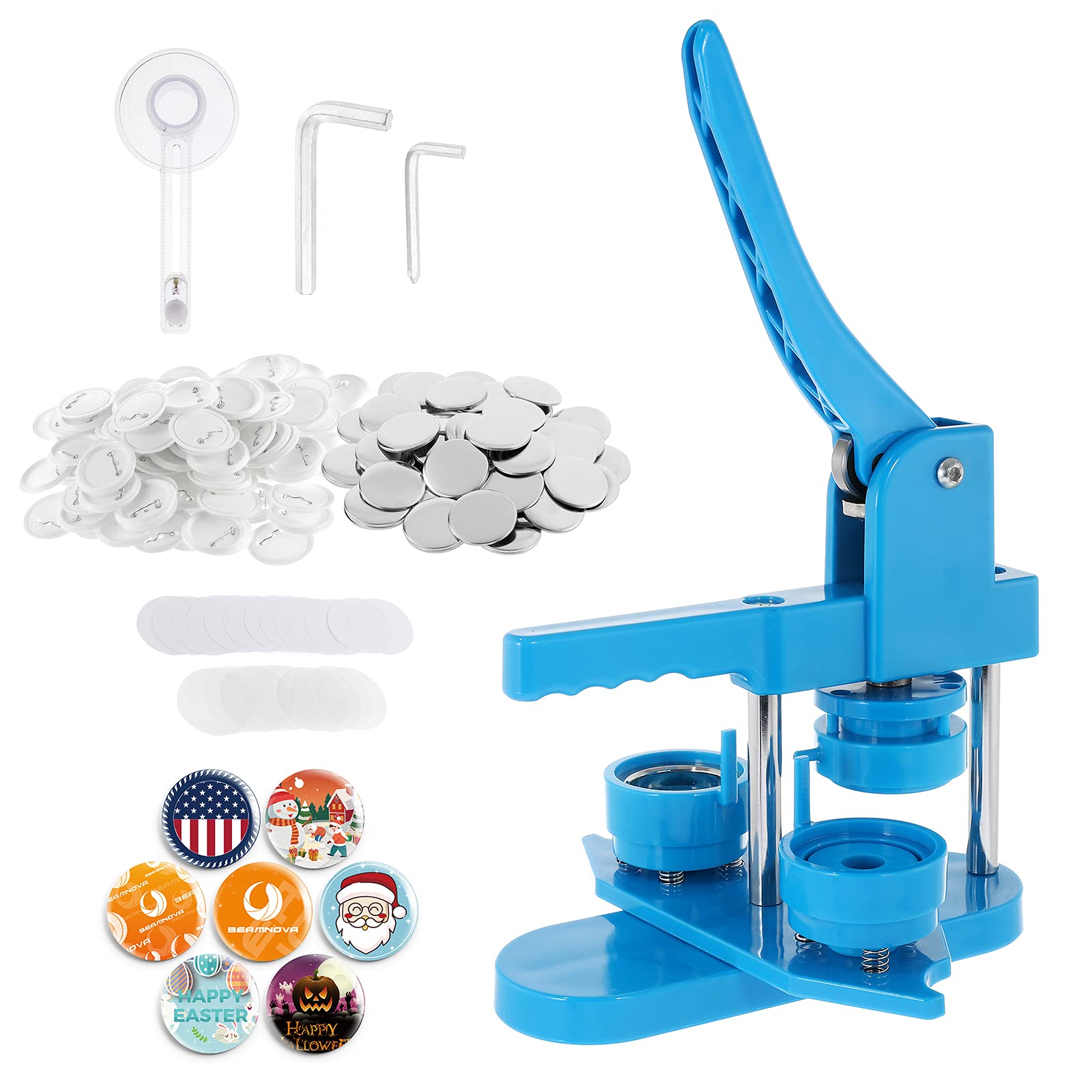 BEAMNOVA 44mm (1.73 Inch) Round Button Maker Machine Kit with 200 Button Parts - Rotary Style DIY Pin Badge Maker for Crafts, Events & Promotions (Blue) - Perfect for Custom Buttons, Fundraisers, and School Projects
