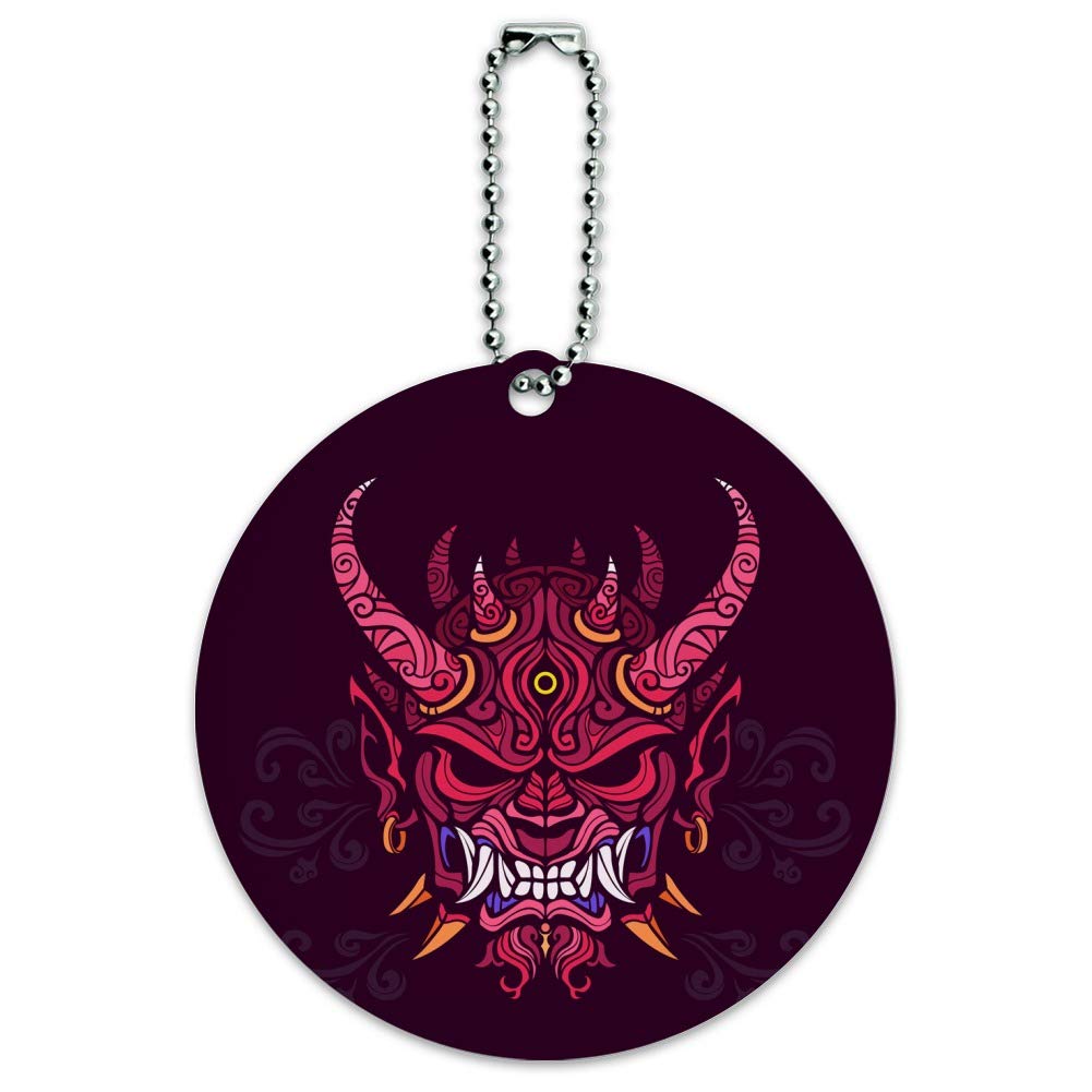 Japanese Oni Demon Mask Luggage Tag - Unique Round ID Tag for Suitcases & Carry-On Bags - Perfect for Travel, Cosplay, and Halloween Costume Accessories
