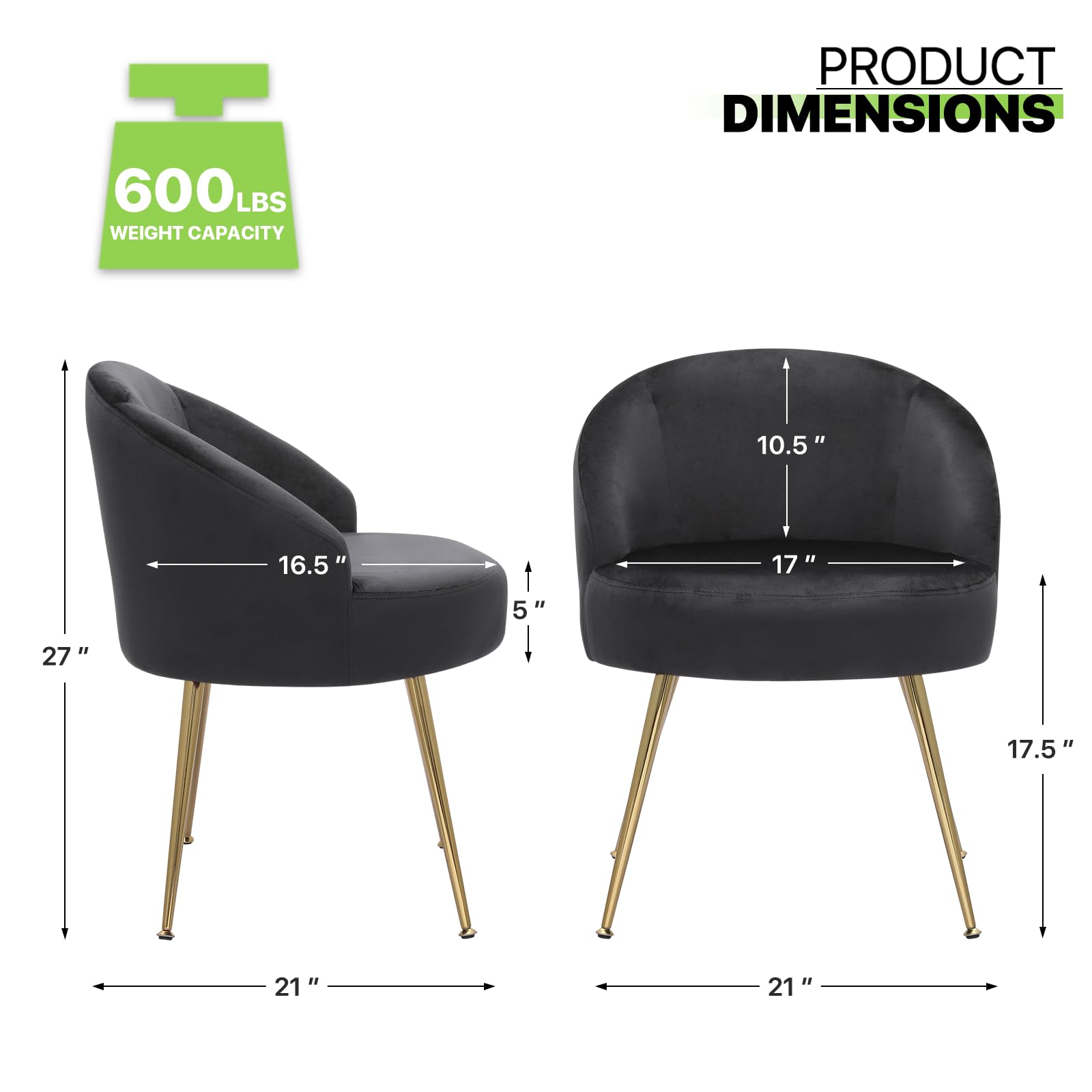 Magshion Black Velvet Vanity Chair with Metal Legs - No Wheels, Back Support Accent Chair for Bedroom, Living Room & Makeup Area - Comfy Upholstered Seat for Girls & Women (Perfect for Dressing Table, Beauty Station & Home Decor)