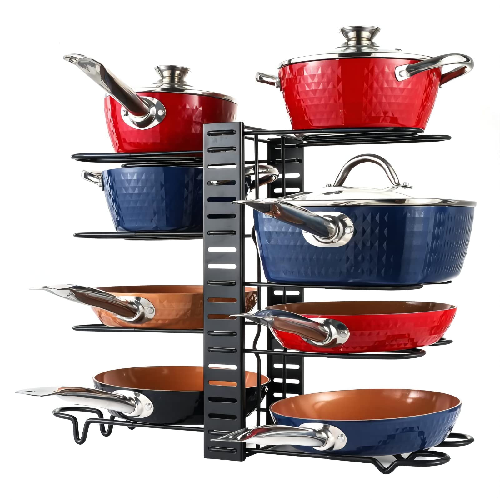 KLEVERISE 8-Tier Heavy Duty Pot and Pan Organizer Rack - Thickened Wire with Anti-Slip Silicone Coating, Adjustable Height Under Cabinet Storage for Kitchen - Perfect for Organizing Cookware, Lids and Utensils in Small Spaces