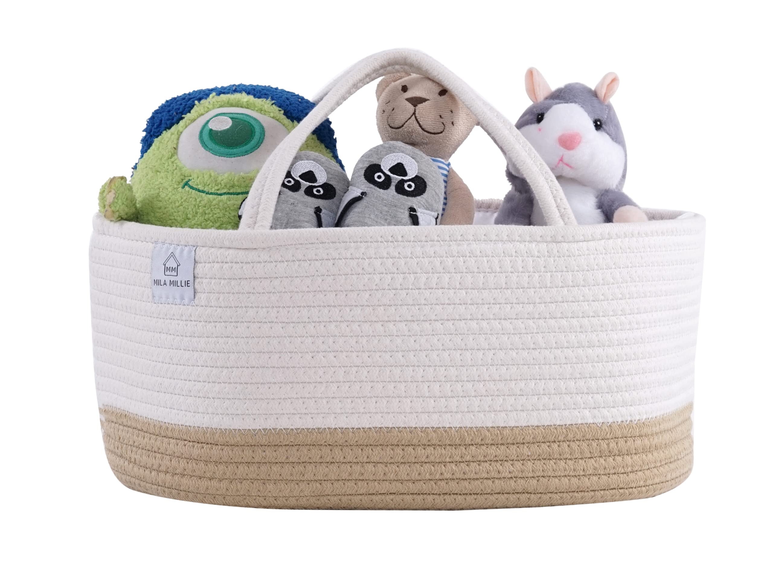 Mila Millie Baby Diaper Organizer - Large Cotton Rope Storage Bin for Nursery Essentials | 15.5x10x7 Inch | 100% Natural Eco-Friendly Cotton (White & Beige) | Perfect for Baby Showers, Nursery Organization & Diaper Storage