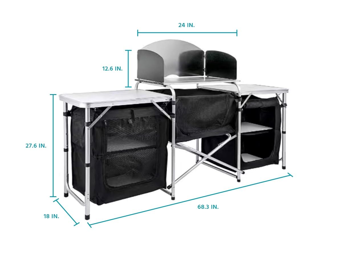 6 Inch Aluminum Portable Fold-Up Camping Kitchen with Windscreen & 5 Cupboards - Compact Outdoor Cook Station for BBQ, Picnic, RV, Backyard & Tailgating | Perfect for Camping, Hiking & Outdoor Adventures