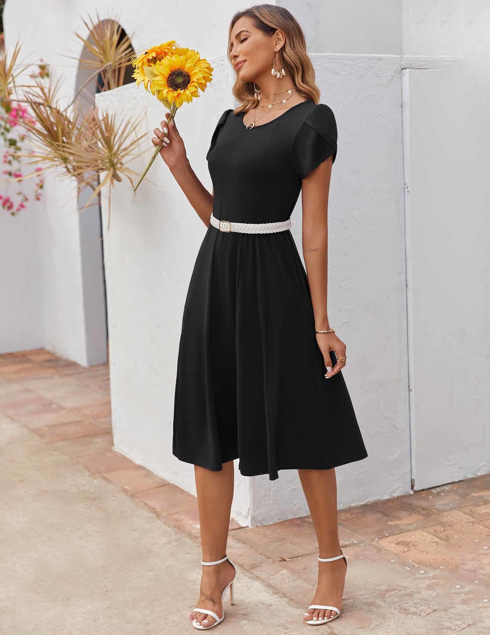 Zeagoo Women's Summer Casual Short Sleeve Pleated Flowy Midi Dress - Loose Beach Sundress with Pockets for Vacation, Travel, and Outdoor Activities