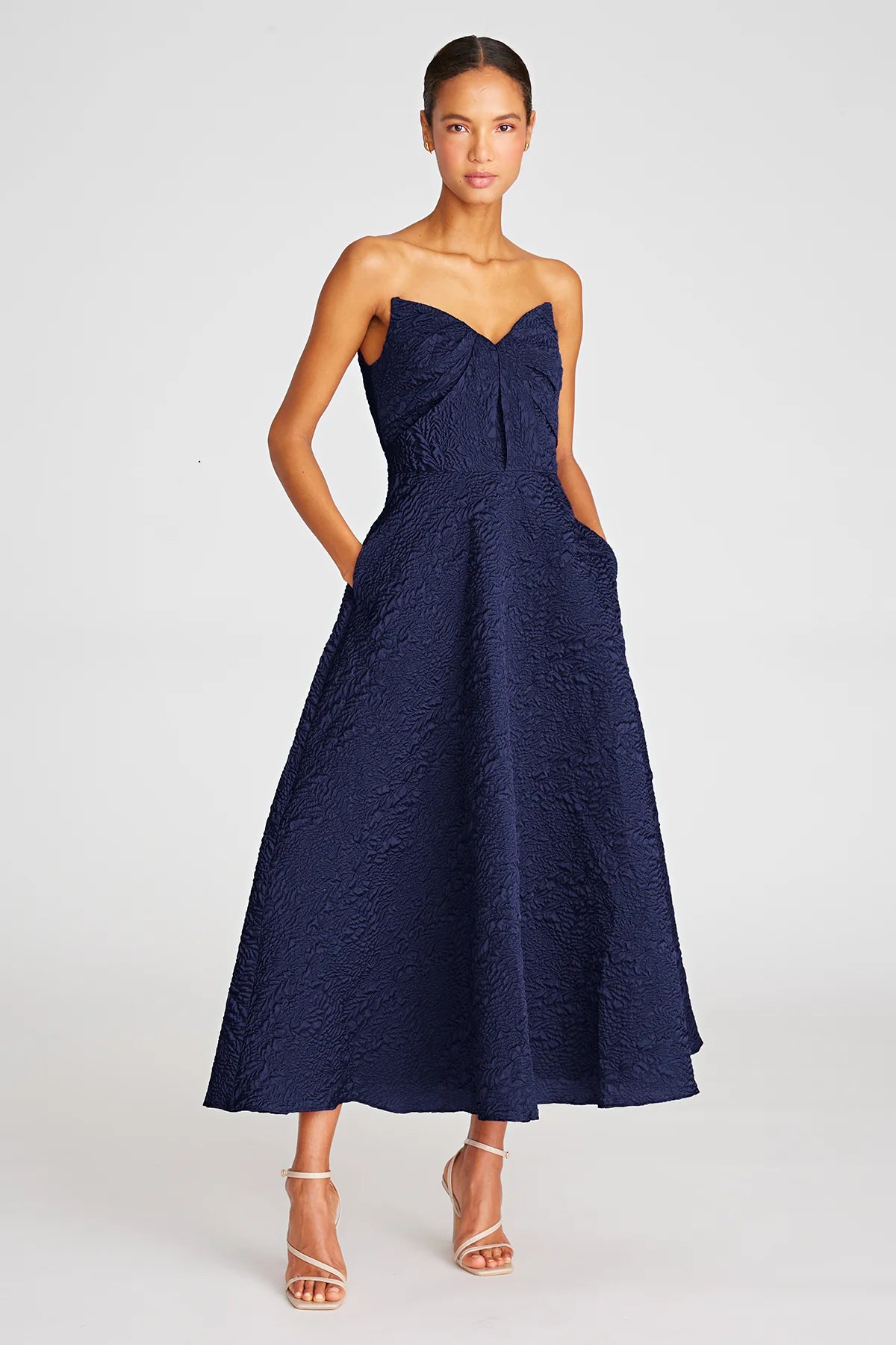 Elegant Ellie A-Line Midi Dress in Navy Blue - Perfect for Office Wear, Cocktail Parties & Special Occasions