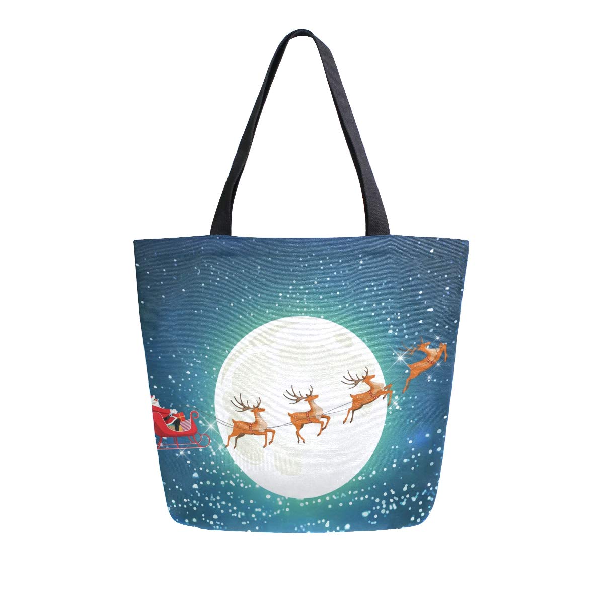 Santa Sleigh Reindeer Canvas Tote Bag - Reusable Grocery Bag for Christmas Shopping