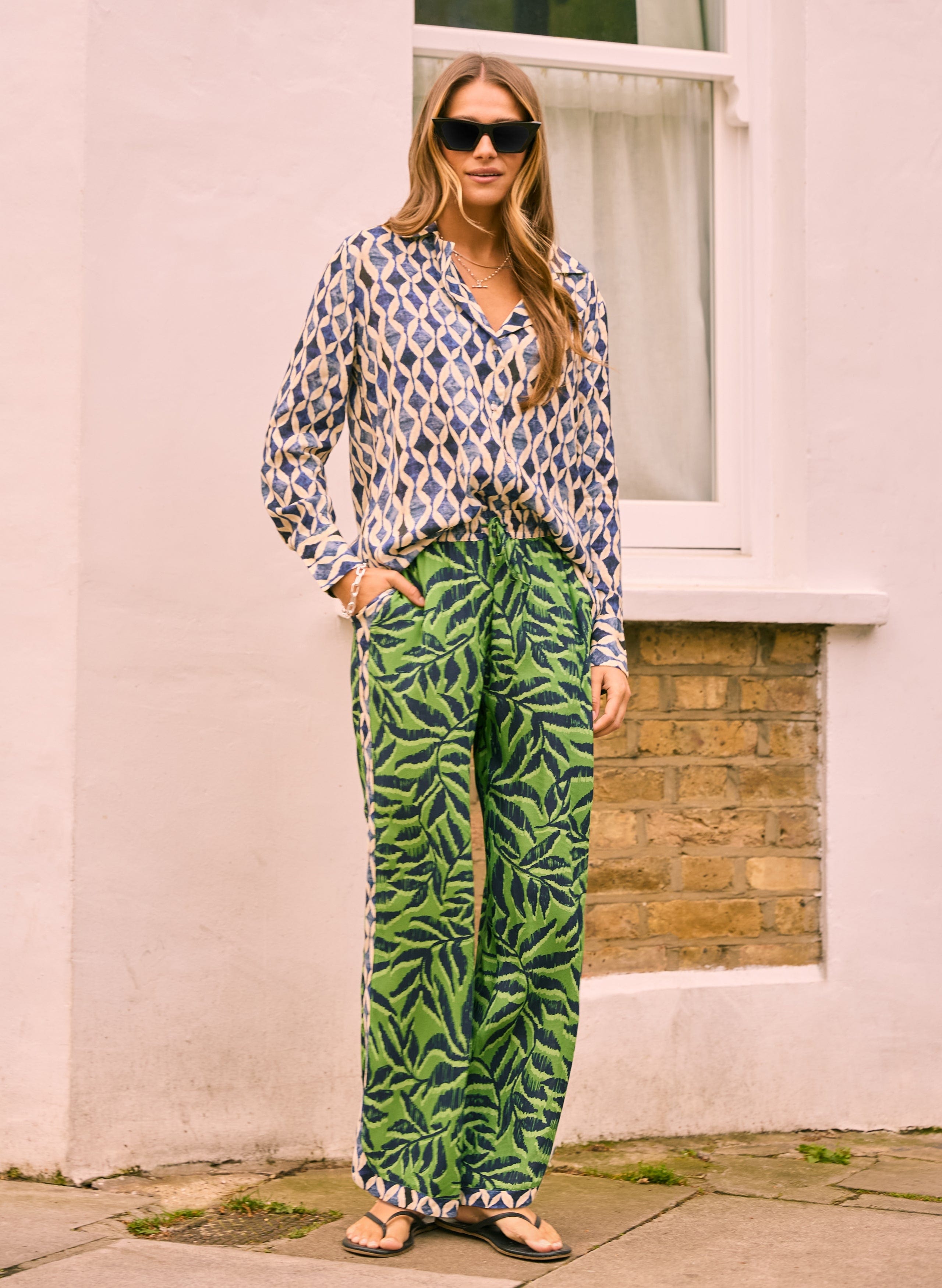 Elin LENZING™ ECOVERO™ Sustainable Women's Trousers | Green Foliage Print | Eco-Friendly Stretch Pants for Work, Travel & Casual Wear