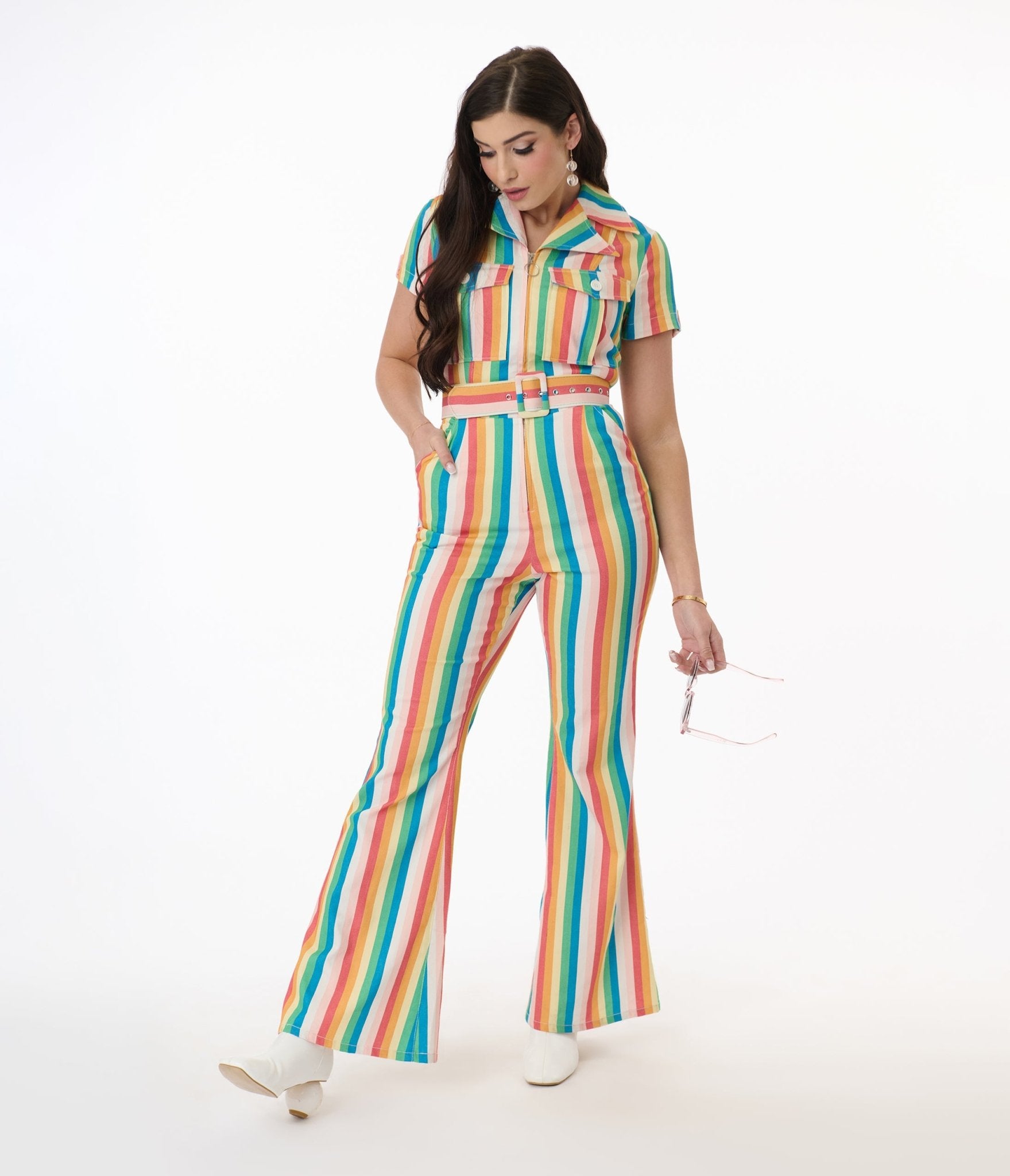 Smak Parlour Retro Rainbow Stripe Flare Jumpsuit - 70s Vintage Inspired Wide Leg Romper for Women | Perfect for Music Festivals, Parties & Boho Fashion