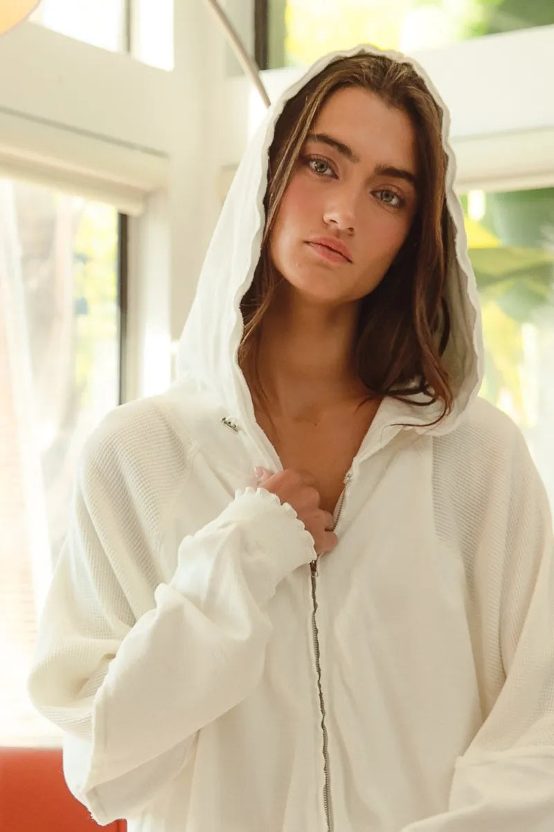 BiBi Waffle Thermal & Terry Mix Washed Zip-Up Hoodie for Women | Cozy Winter Pullover | Perfect for Outdoor Activities, Casual Wear & Lounge