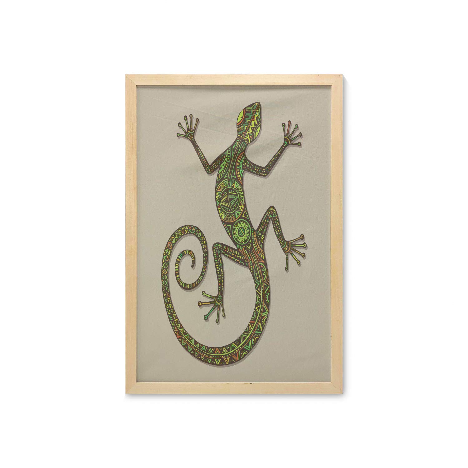 Ambesonne Framed Reptile Wall Art - Colorful Lizard Pattern Exotic Creature Decor - 23x35 Inch Printed Fabric Poster for Bathroom, Living Room, Dorm - Green & Tan - Perfect for Jungle Theme Rooms & Reptile Lover Gifts
