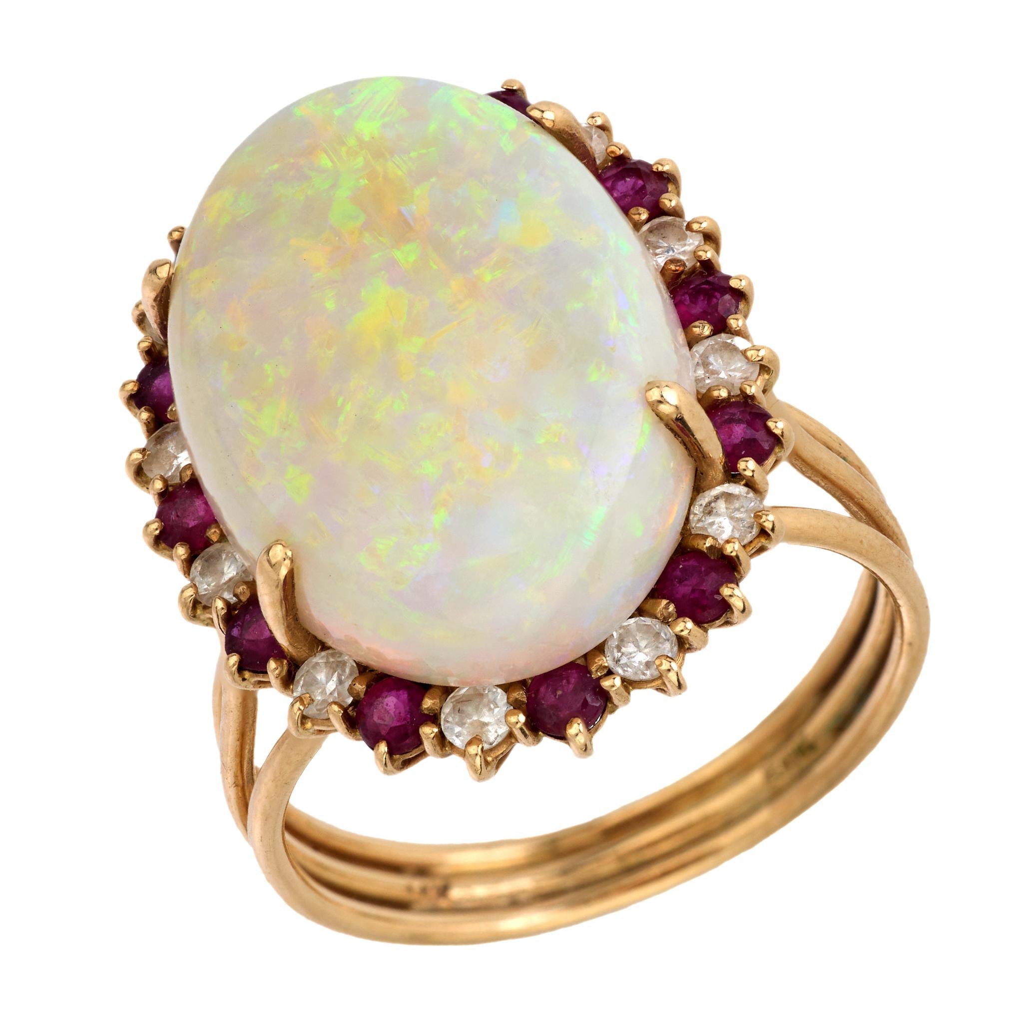 Vintage 7.15 Carat Opal Diamond Ruby 14K Yellow Gold Cluster Ring - Elegant Statement Jewelry for Weddings, Anniversaries & Special Occasions