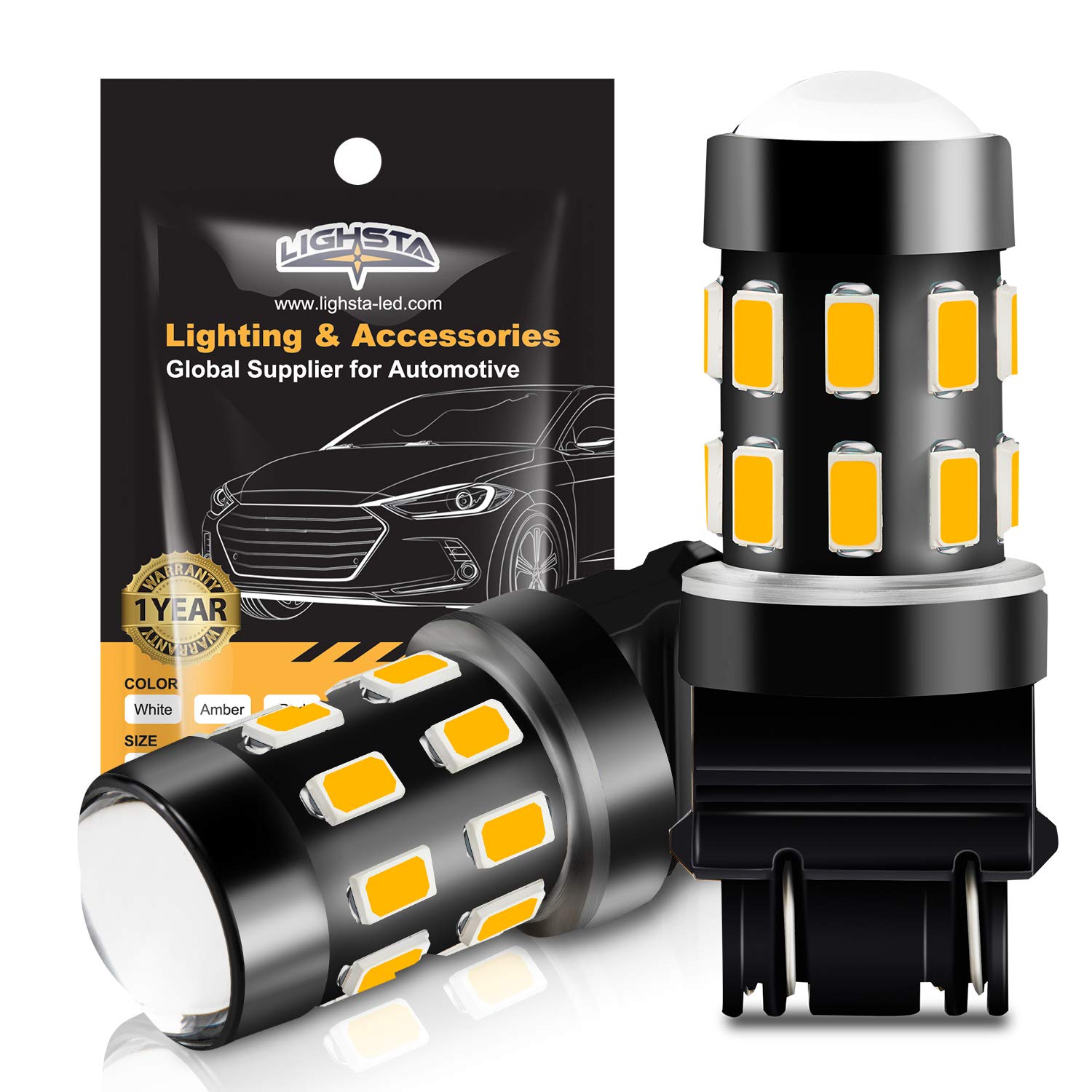 3157 LED Bulbs - Super Bright 24-SMD 9-30V Non-Polarity Amber Yellow Bulbs (Pack of 2) for Turn Signal, Blinker & Side Marker Lights - Compatible with 3056 3156 3057 4057 3157K 4157 - Perfect for Cars, Trucks & Motorcycles