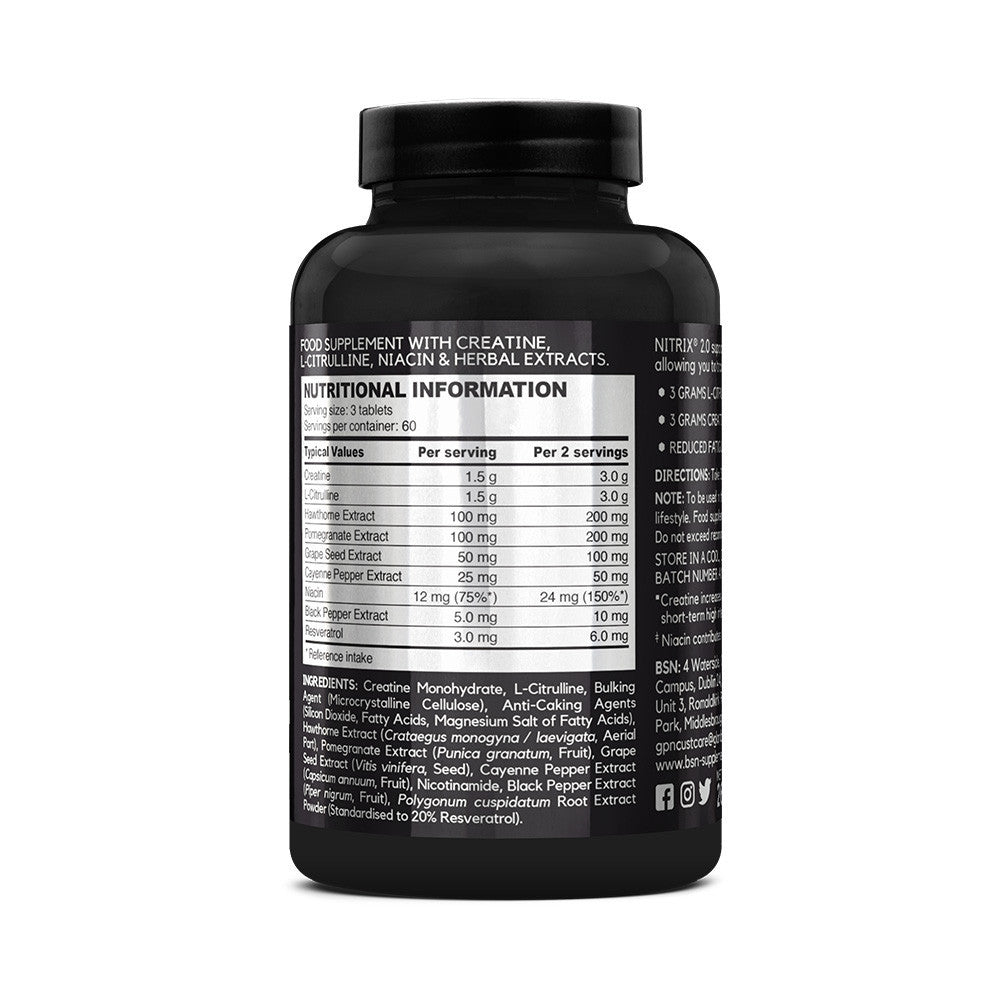 BSN Nitrix 2.0 Nitric Oxide Booster Supplement - 180 Tablets (60 Servings) for Muscle Pump, Strength & Endurance | Pre-Workout & Post-Workout Support
