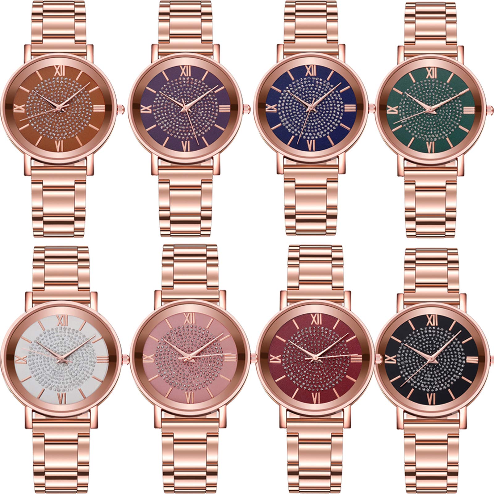 8 Pack Women's Wholesale Platinum & Rose Gold Dress Watches with Roman Numerals & Starry Sky Design - Elegant Bracelet Watches for Formal Events, Office Wear & Gift Giving