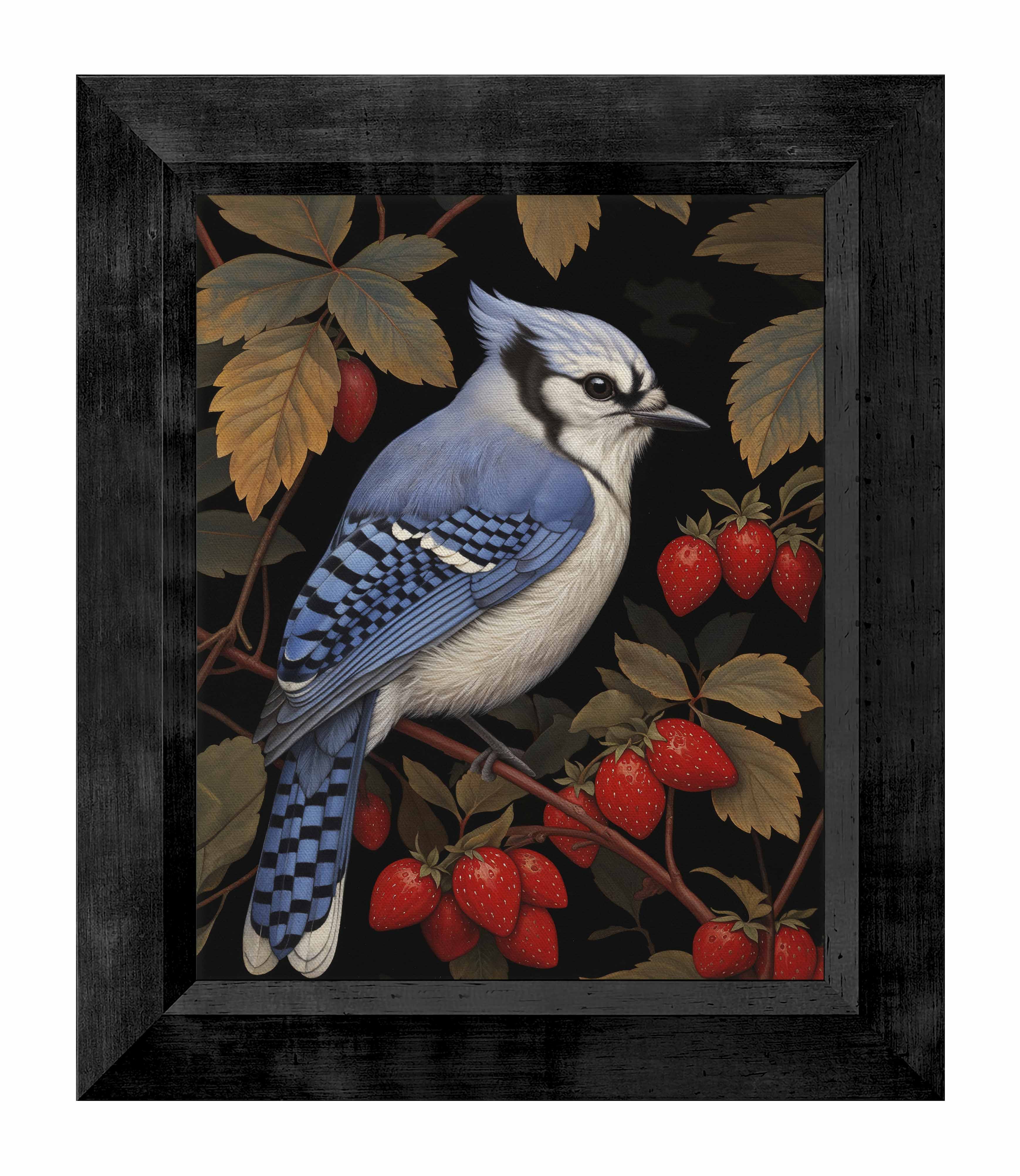 Berry Bliss Blue Jay in Strawberry Patch - Limited Edition Canvas Wall Art for Home & Office Decor | Nature Inspired Painting for Living Room, Bedroom, Nursery