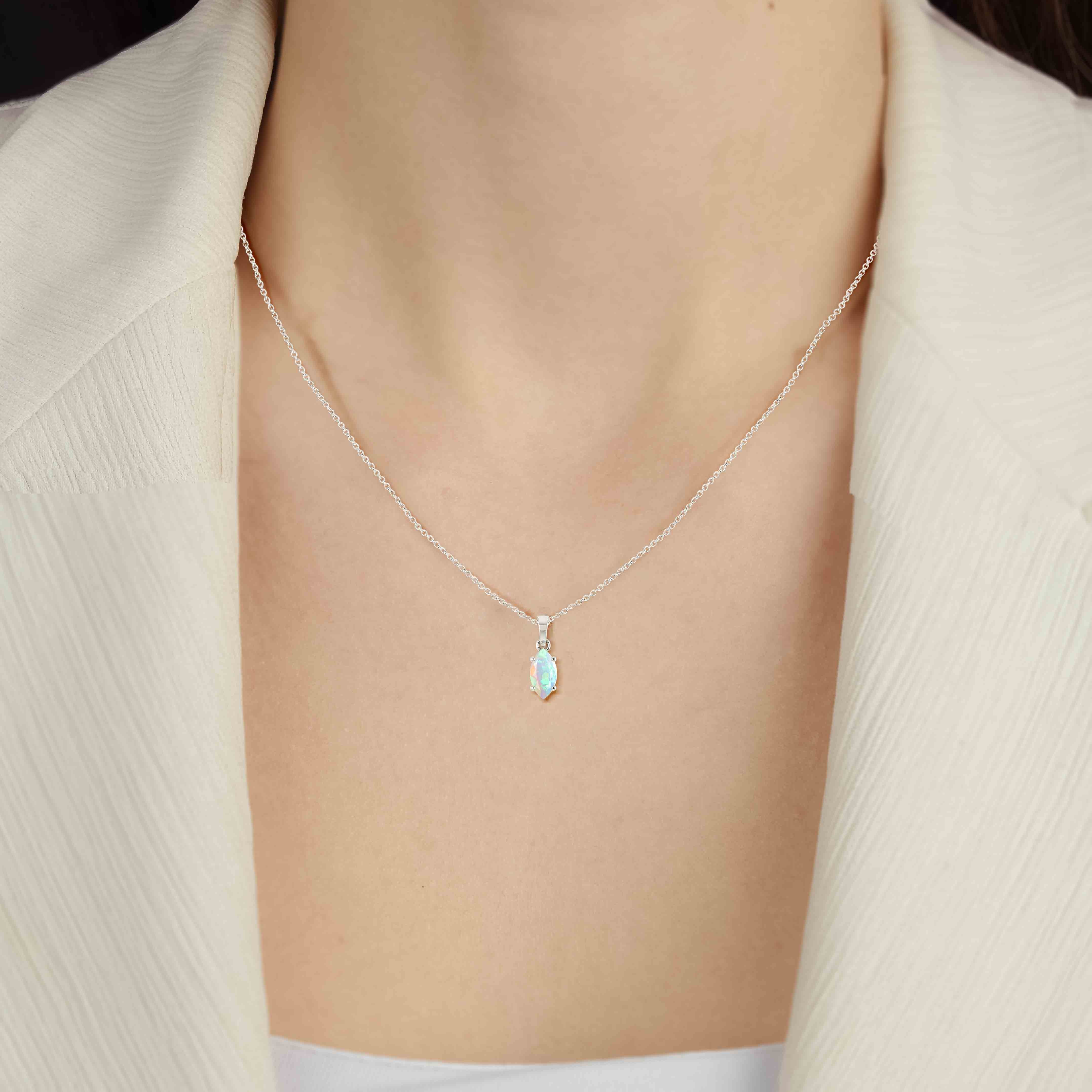 Natural White Opal Solitaire Pendant Necklace - 925 Sterling Silver Chain Jewelry for Women, Gift for Her, Birthday, Anniversary, Wedding, Valentine's Day