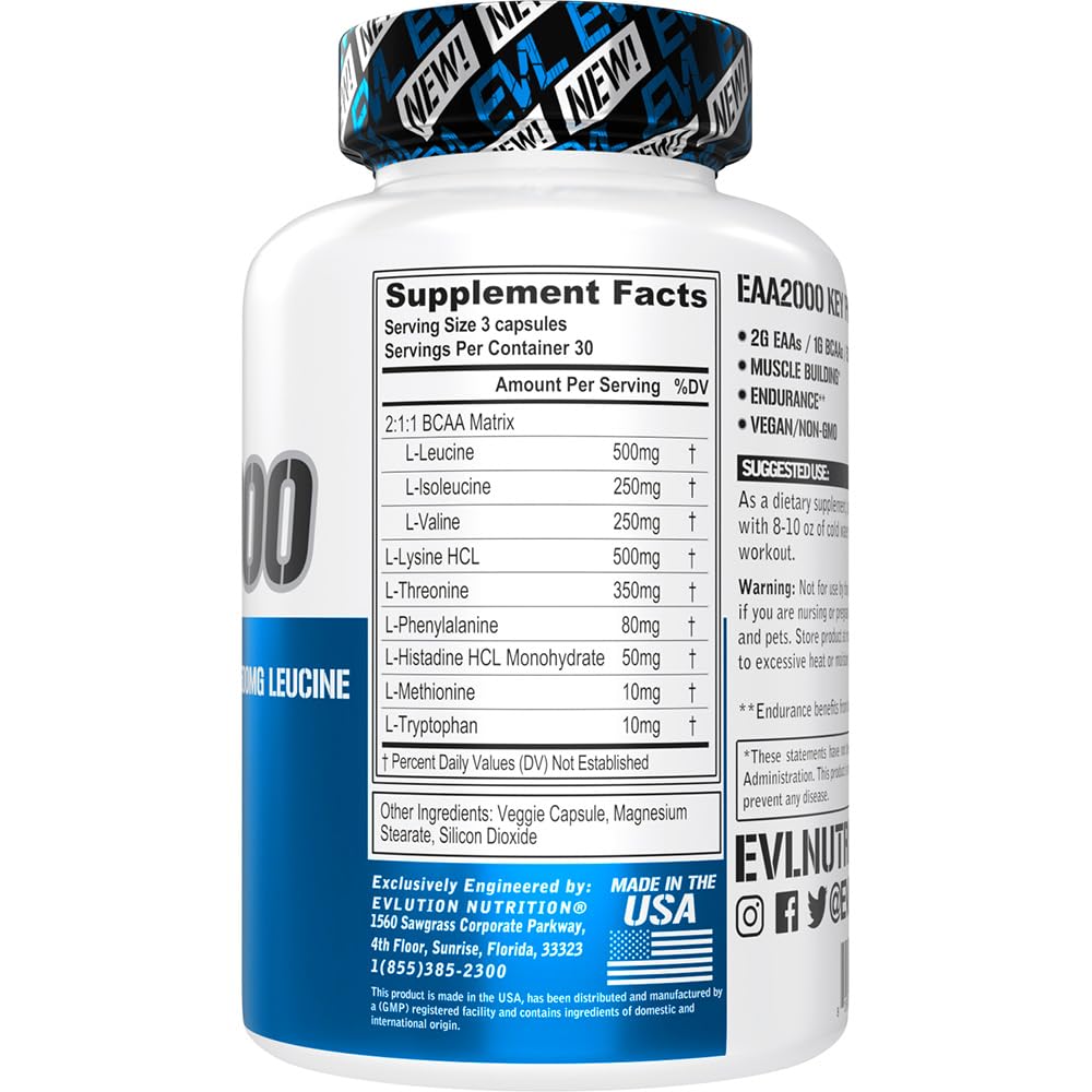 EVLution Nutrition EAA 2000 Essential Amino Acids Supplement - 90 Vegan Capsules for Muscle Recovery & Performance - Pre & Post Workout, Fitness & Bodybuilding