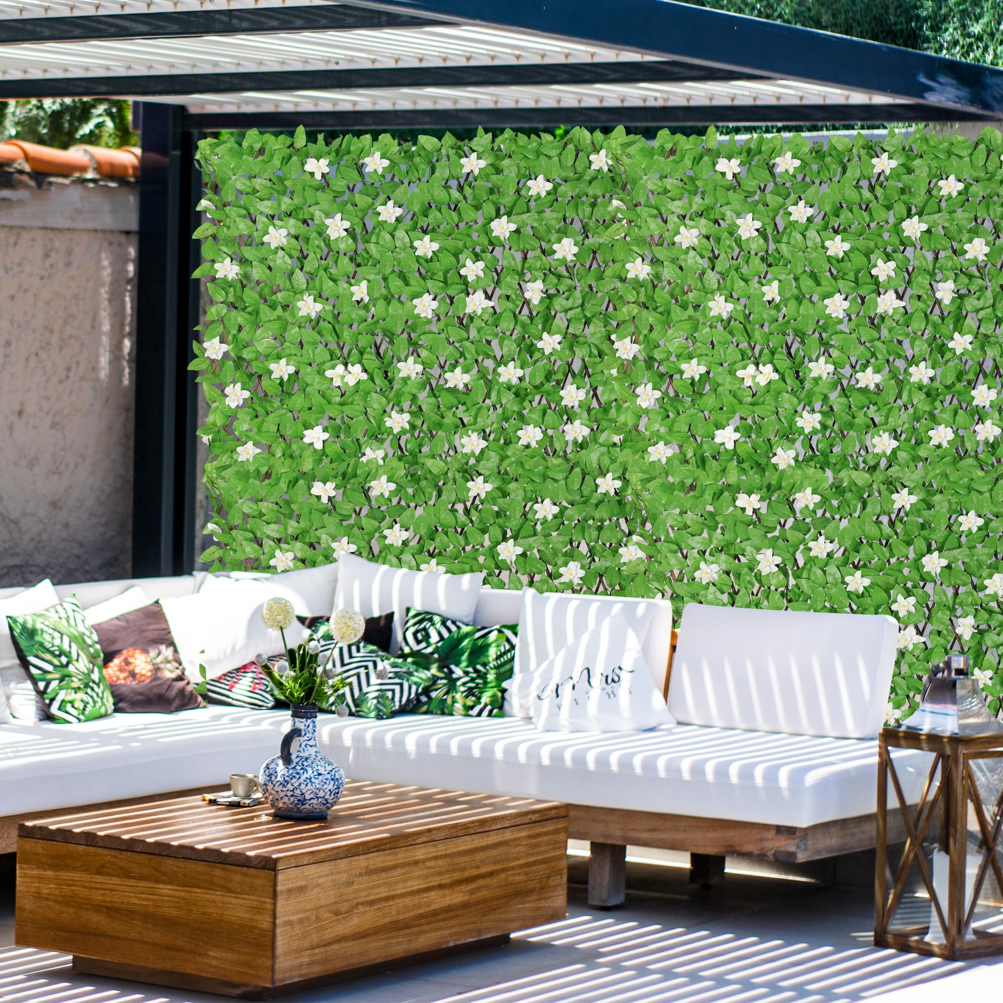 4 Pack Expandable Fence Privacy Screen - Decorative Artificial Ivy Greenery Fencing Panel for Balcony, Patio & Outdoor Spaces - UV Resistant Faux Hedges with White Flowers (Single Sided Leaves) - Perfect for Backyard Privacy, Deck Screening & Garden Decor