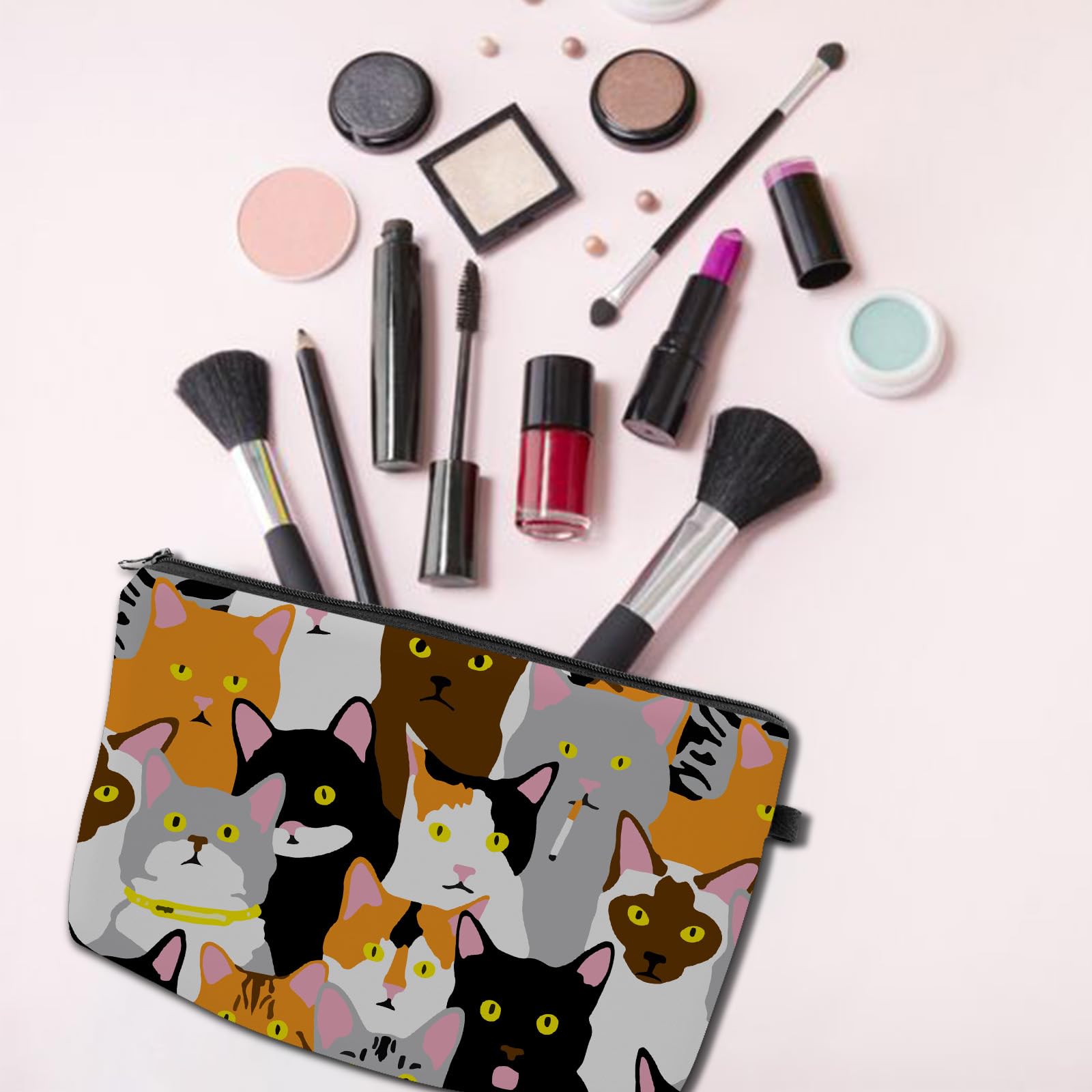 Stylish Small Cat Collage Makeup Bag for Women - Waterproof Cosmetic & Toiletry Travel Pouch - Perfect for Purse, Gym, Vacation & Daily Essentials Organization