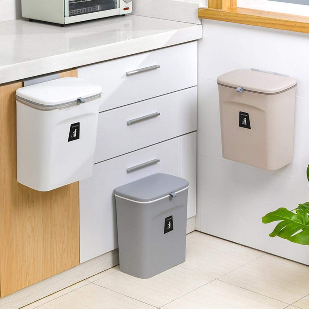 BFTGS 9L Wall Mounted Trash Can with Lid - Space Saving Kitchen Cabinet Door Hanging Garbage Bin for Home, Office & Car - Durable Waste & Recycling Bin for Easy Cleaning (Color: A) - Perfect for Small Spaces, Under Sink & RV Use