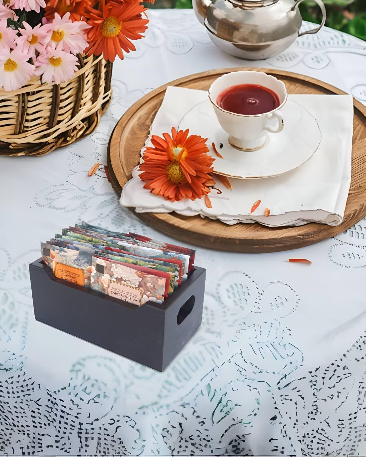 Premium Wooden Tea Bag Organizer with Handle - Compact Tea Storage Box for Teabags, Sugar Packets, Drink Mixes & Sweeteners - Perfect for Kitchen Countertop, Office Desk & Tea Station Organization