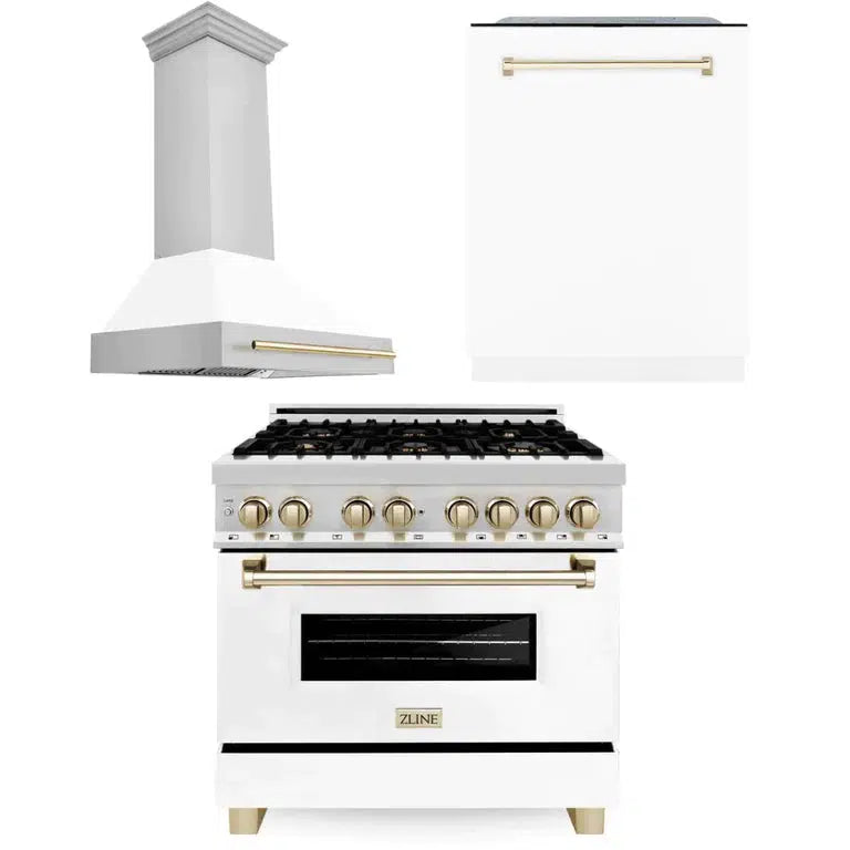 ZLINE Autograph Edition 36-inch Stainless Steel Dual Fuel Range with White Matte Door, Range Hood & Dishwasher - Gold Accents | Professional Kitchen Package for Modern Homes & Chef-Inspired Cooking