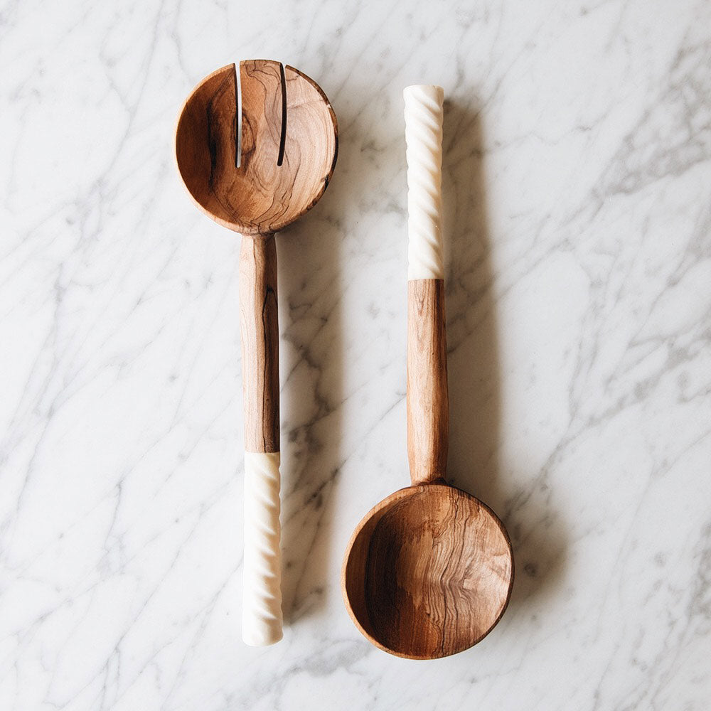 Premium Spiral Handle Olive Wood Salad Servers Set - Eco-Friendly Kitchen Utensils for Tossing, Serving & Entertaining - Perfect for Dinner Parties, BBQs & Healthy Eating