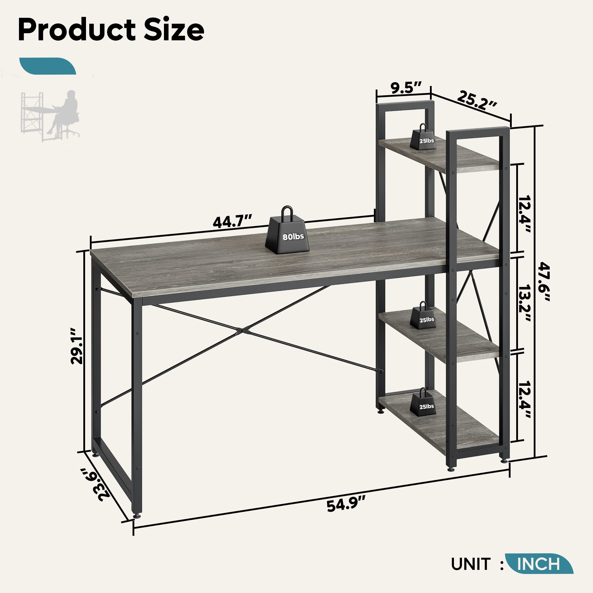 Bestier 55 Inch Computer Desk with Storage Shelves - Reversible Bookshelf Home Office Desk, Spacious Leg Room & Easy Assembly, Grey - Perfect for Small Spaces, Gaming & Remote Work Setup