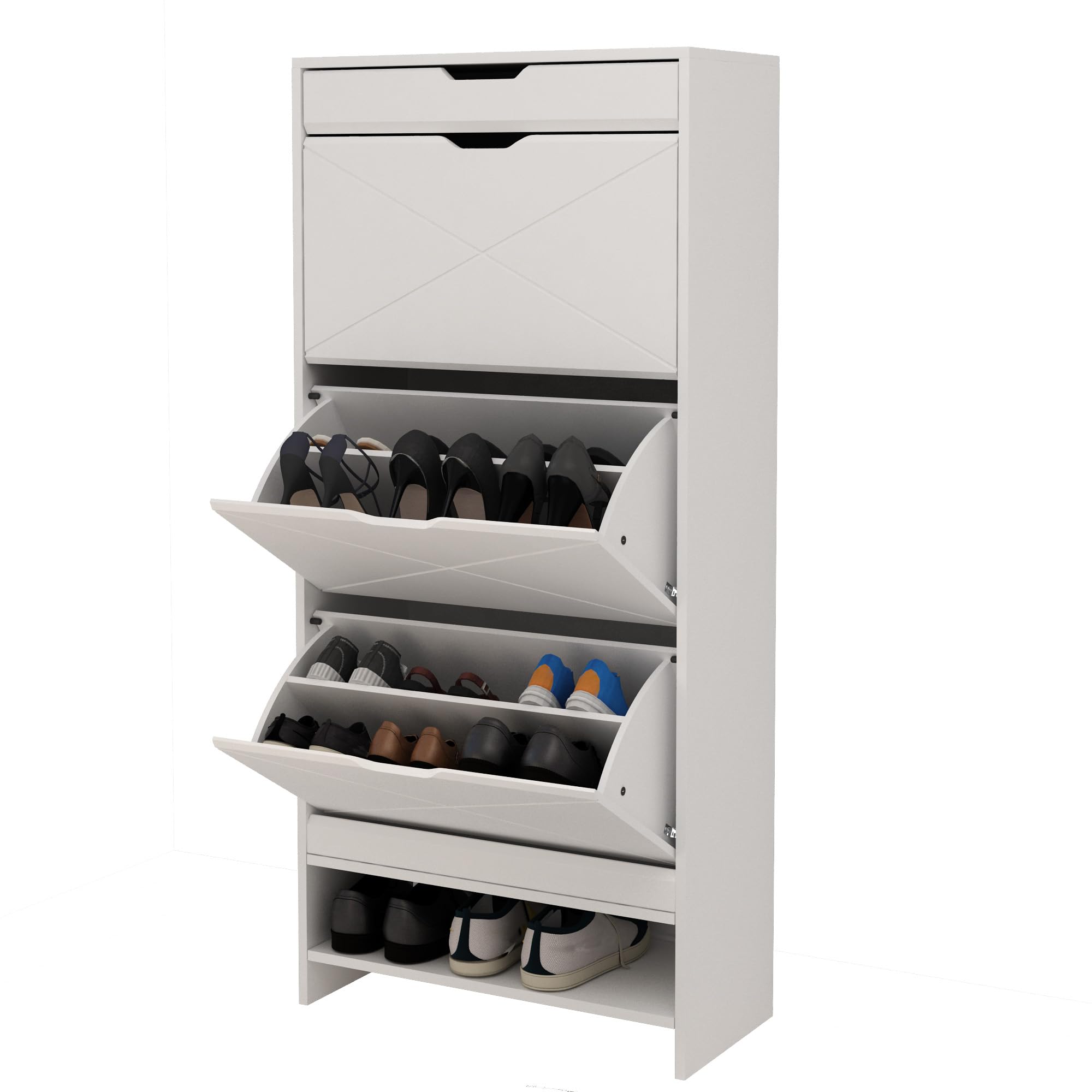 Wooden Hidden Shoe Cabinet with 3 Flip Drawers & Storage Drawer - Freestanding Shoe Organizer for Entryway, Hallway, Living Room - White & Walnut Finish - Perfect for Small Space Organization & Home Décor
