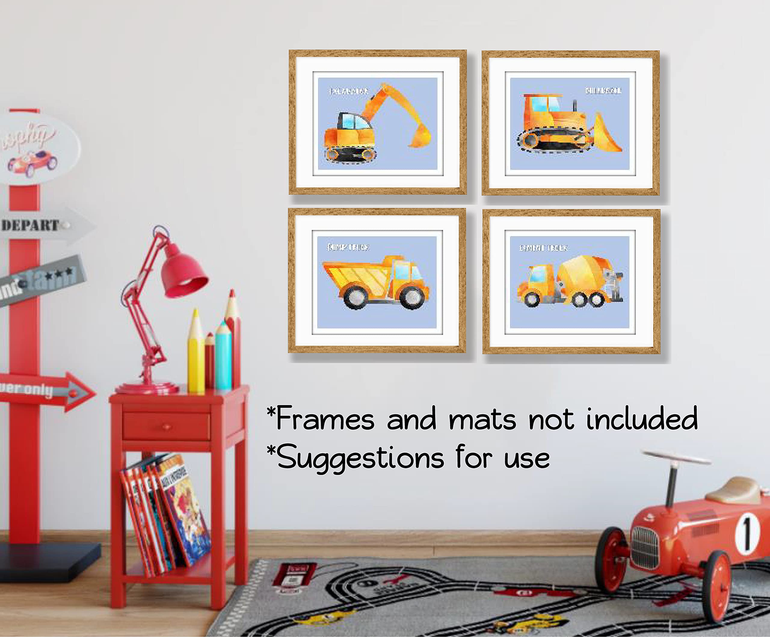 Construction Trucks Art Prints for Boys Room - Set of 4 (8x10 Inch) Unframed Wall Decor - Perfect for Nursery, Kids Bedroom & Playroom