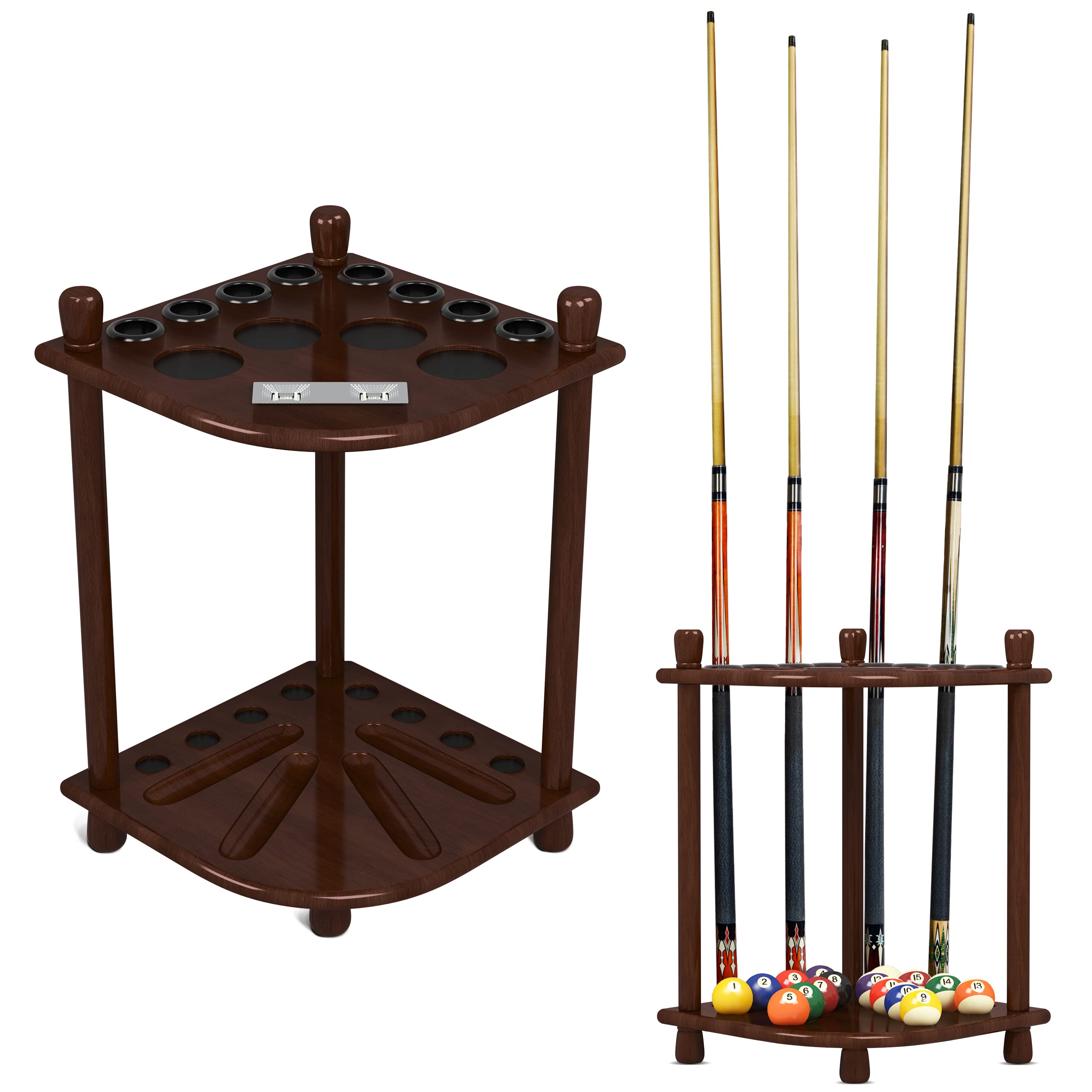 ISZY Billiards Pool Stick Holder - 8 Cue Rack with Ball Storage & 4 Score Counters - Solid Mahogany Wood Stand for Home Game Rooms, Bars, and Pool Halls