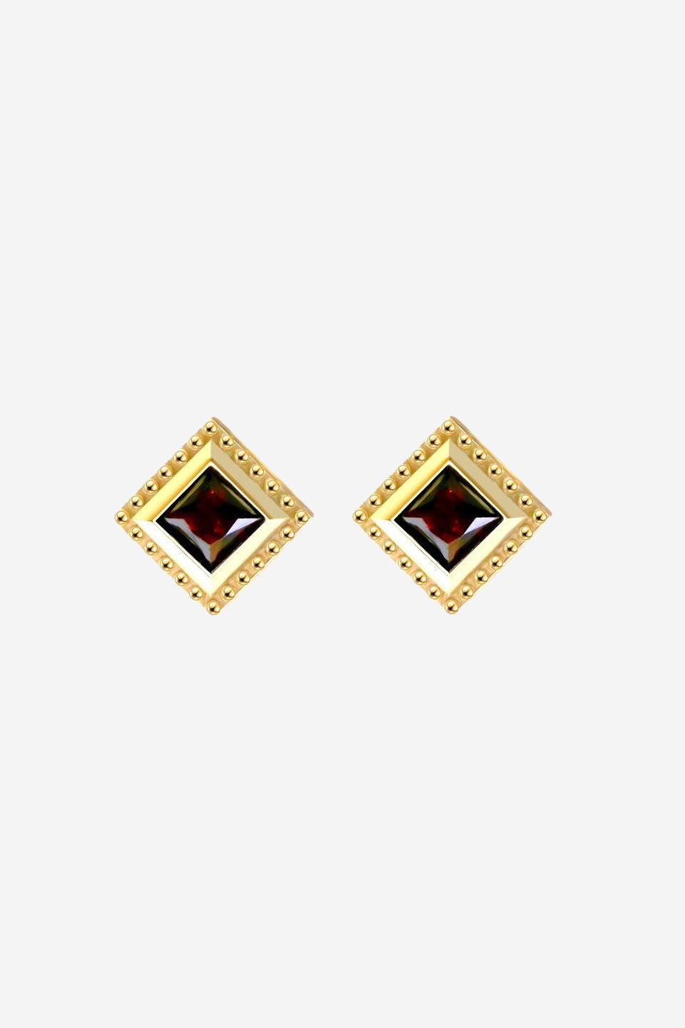 Sirius Square Gold Stud Earrings with Black Garnet Stone - Elegant Jewelry for Women, Perfect for Parties, Weddings & Special Occasions