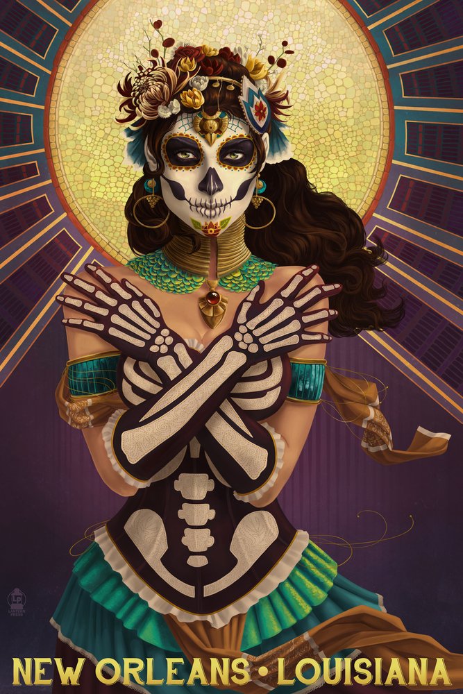 Signed Day of the Dead Crossbones 51237 Art Print (24x36) - New Orleans Louisiana Wall Decor Poster for Halloween, Gothic Home Decor & Mexican Culture Celebration