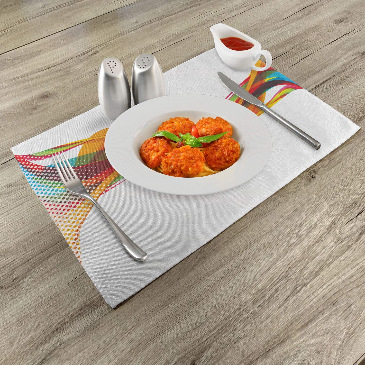 Ambesonne Abstract Place Mats Set of 4 - Rainbow Curved Wave Smoke Design with Pixel Art Print, Washable Fabric Placemats for Dining Room & Kitchen Table Decor - Perfect for Dinner Parties, Holiday Gatherings & Everyday Use