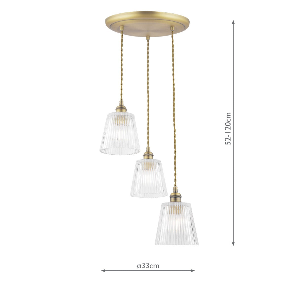 Vintage Callaghan 3-Light Pendant Chandelier with Antique Brass Finish & Glass Shades - E14 Base for Dining Room, Kitchen Island or Entryway Lighting