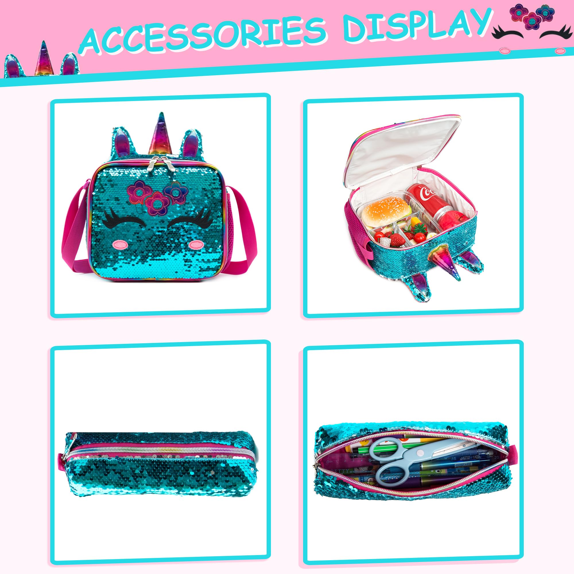 **Meetbelify Unicorn Rolling Backpack for Girls 6-8 Years Old - Sparkly Sequin Travel Luggage with Wheels, Lunch Box & Pencil Case - Perfect for School, Travel & Sleepovers**
